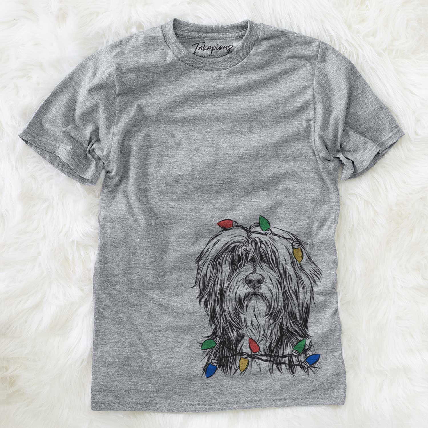 Hand-drawn sketch of Fiji the Polish Lowland Sheepdog wrapped in Christmas lights on a Grey Unisex crewneck