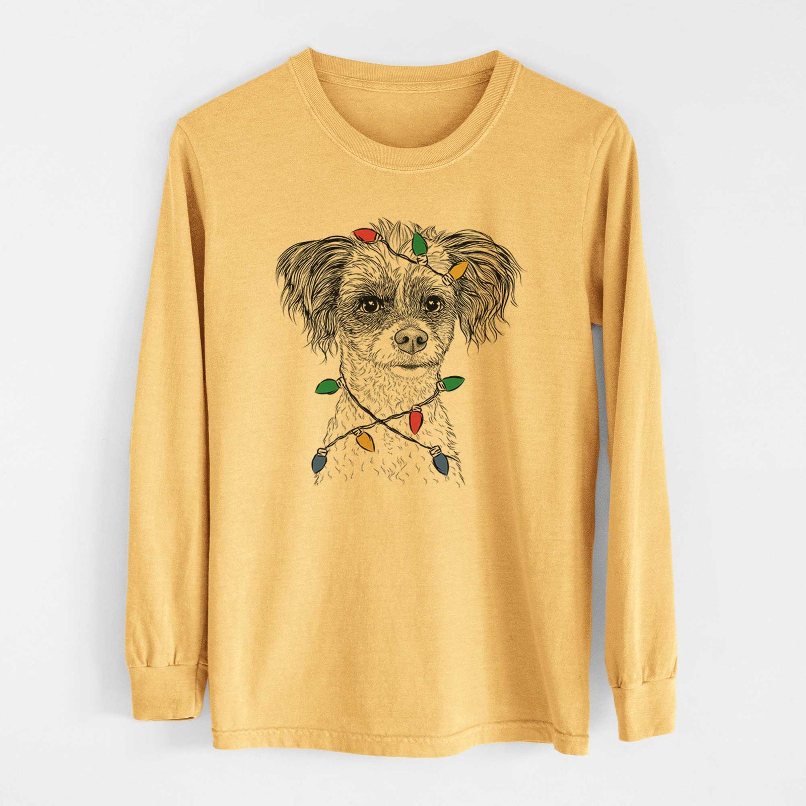 Christmas Lights Finley the Papillon Mix - Heavyweight 100% Cotton Long Sleeve
