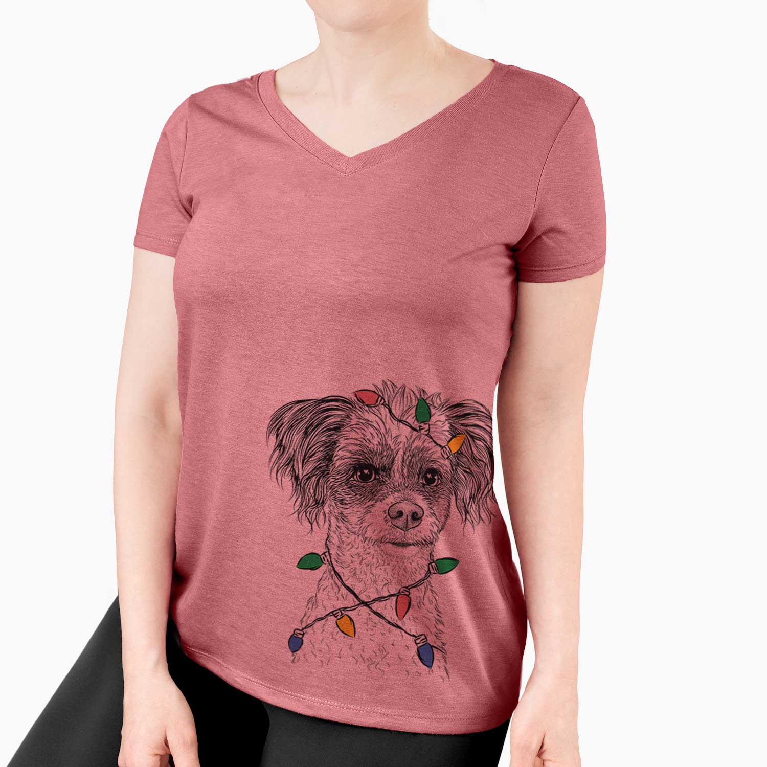 Christmas Lights Finley the Papillon Mix - Women's V-neck Shirt