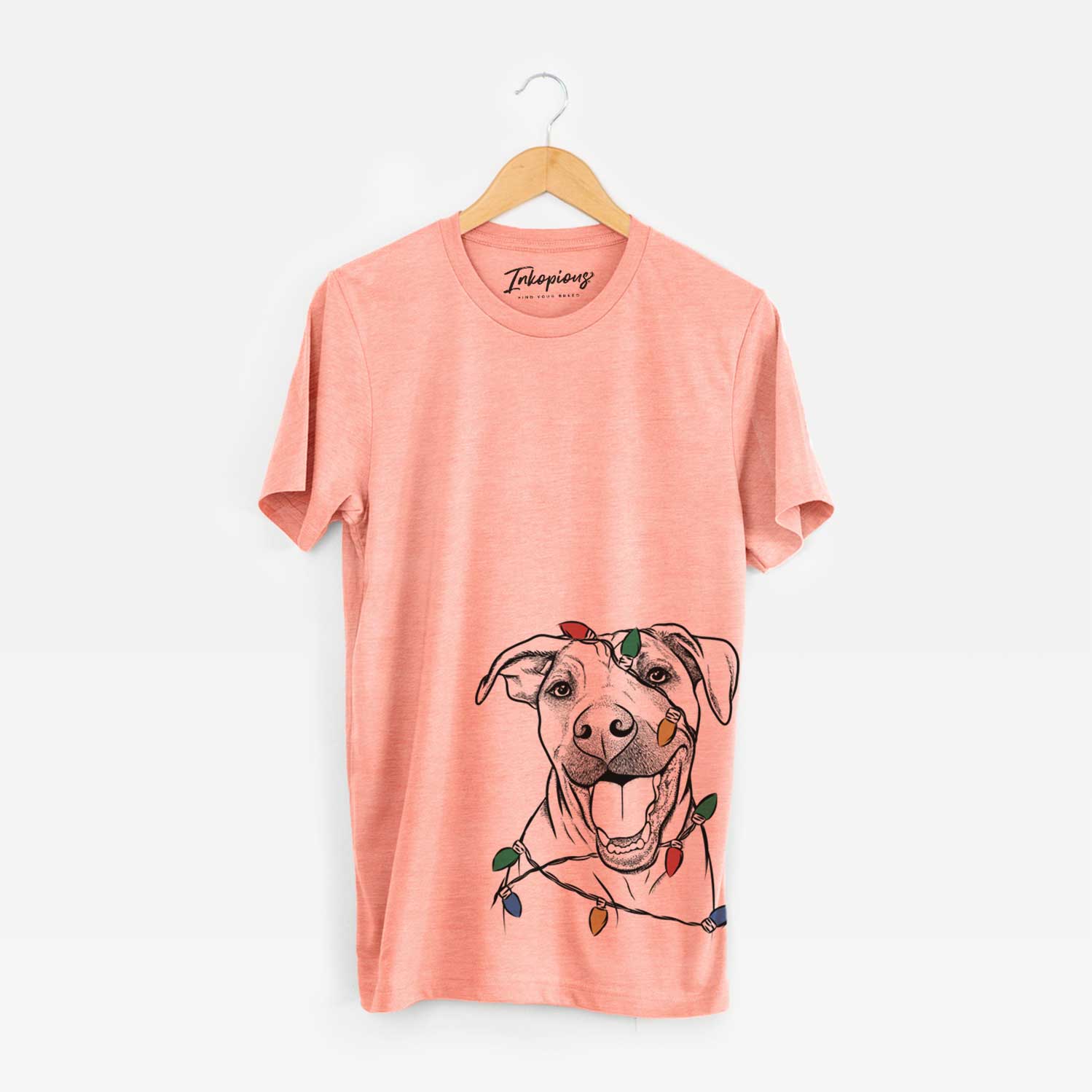 Hand-drawn sketch of Finn the Hound Mix wrapped in Christmas lights on a Sunset Unisex crewneck
