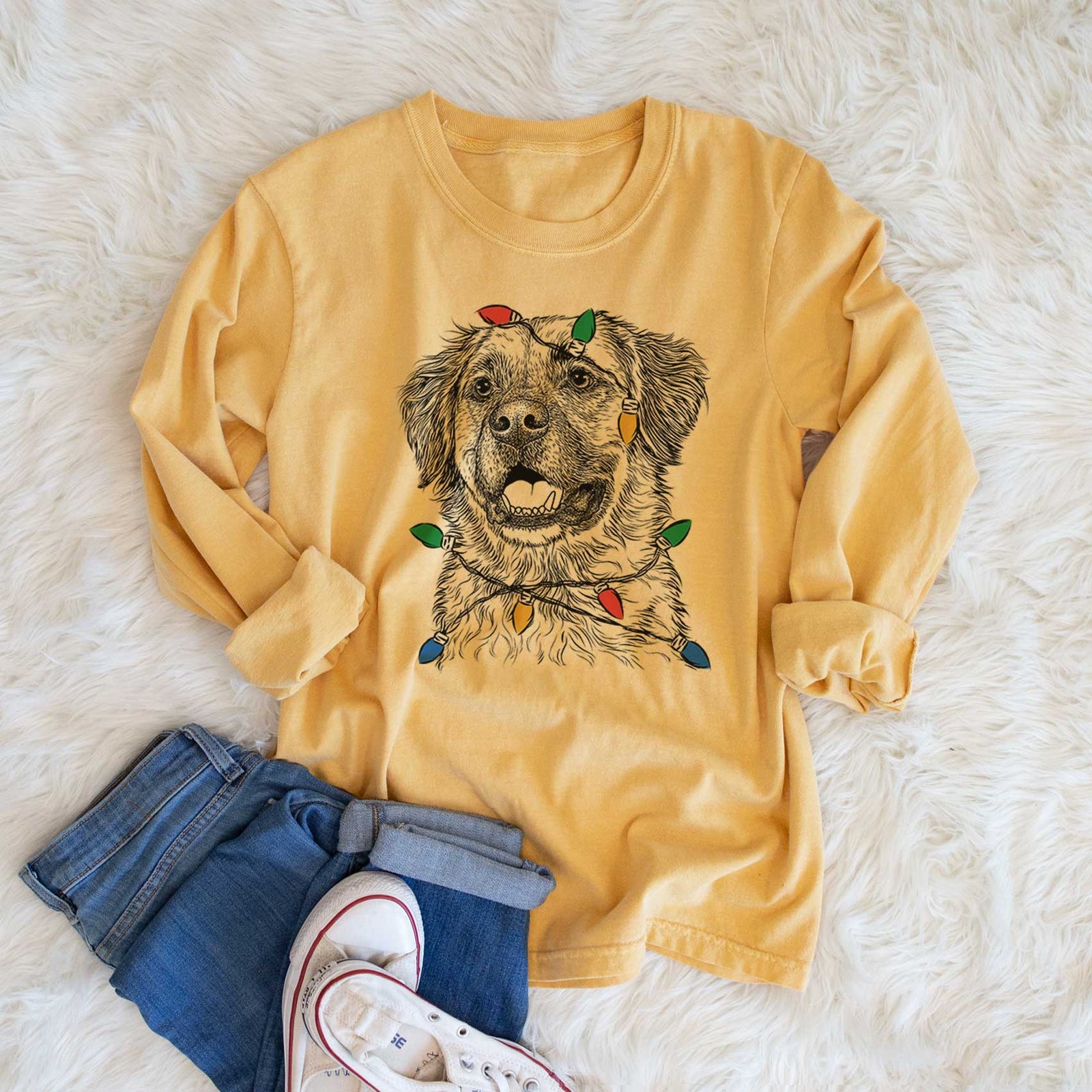 Christmas Lights Finn the Mixed Breed - Heavyweight 100% Cotton Long Sleeve