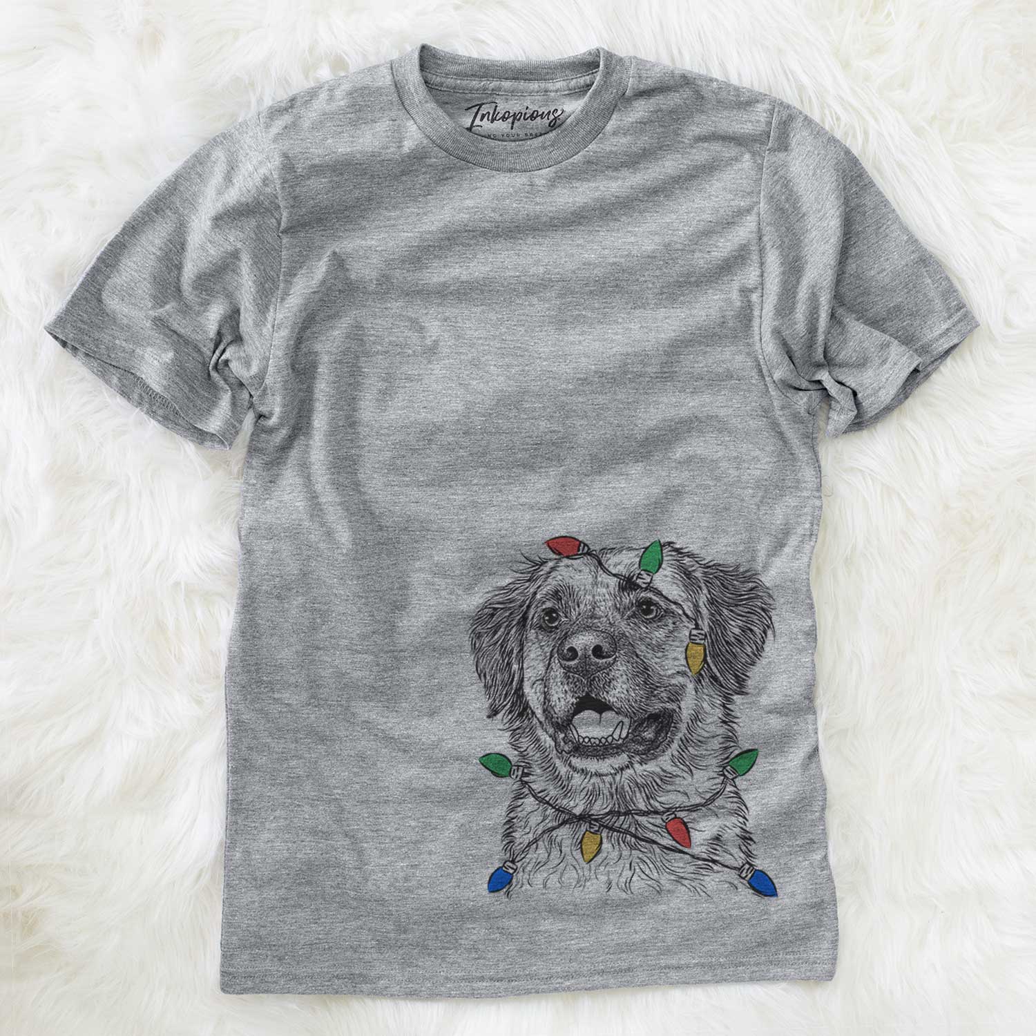 Hand-drawn sketch of Finn the Mixed Breed wrapped in Christmas lights on a Grey Unisex crewneck