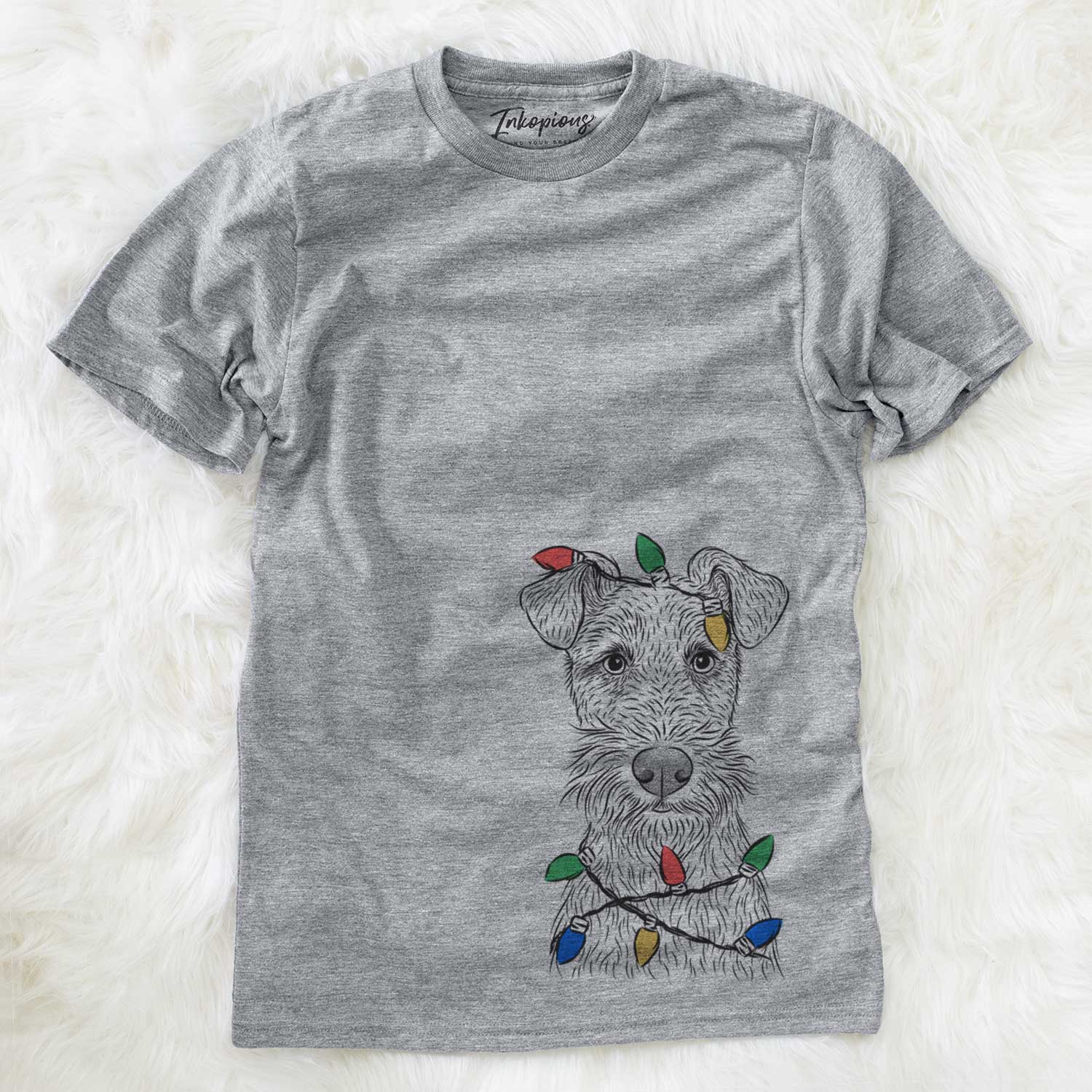 Hand-drawn sketch of Fitz the Wire Fox Terrier wrapped in Christmas lights on a Grey Unisex crewneck