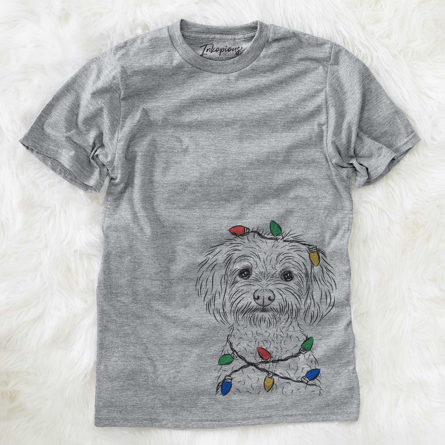 Hand-drawn sketch of Francesca the Maltipoo wrapped in Christmas lights on a Grey Unisex crewneck
