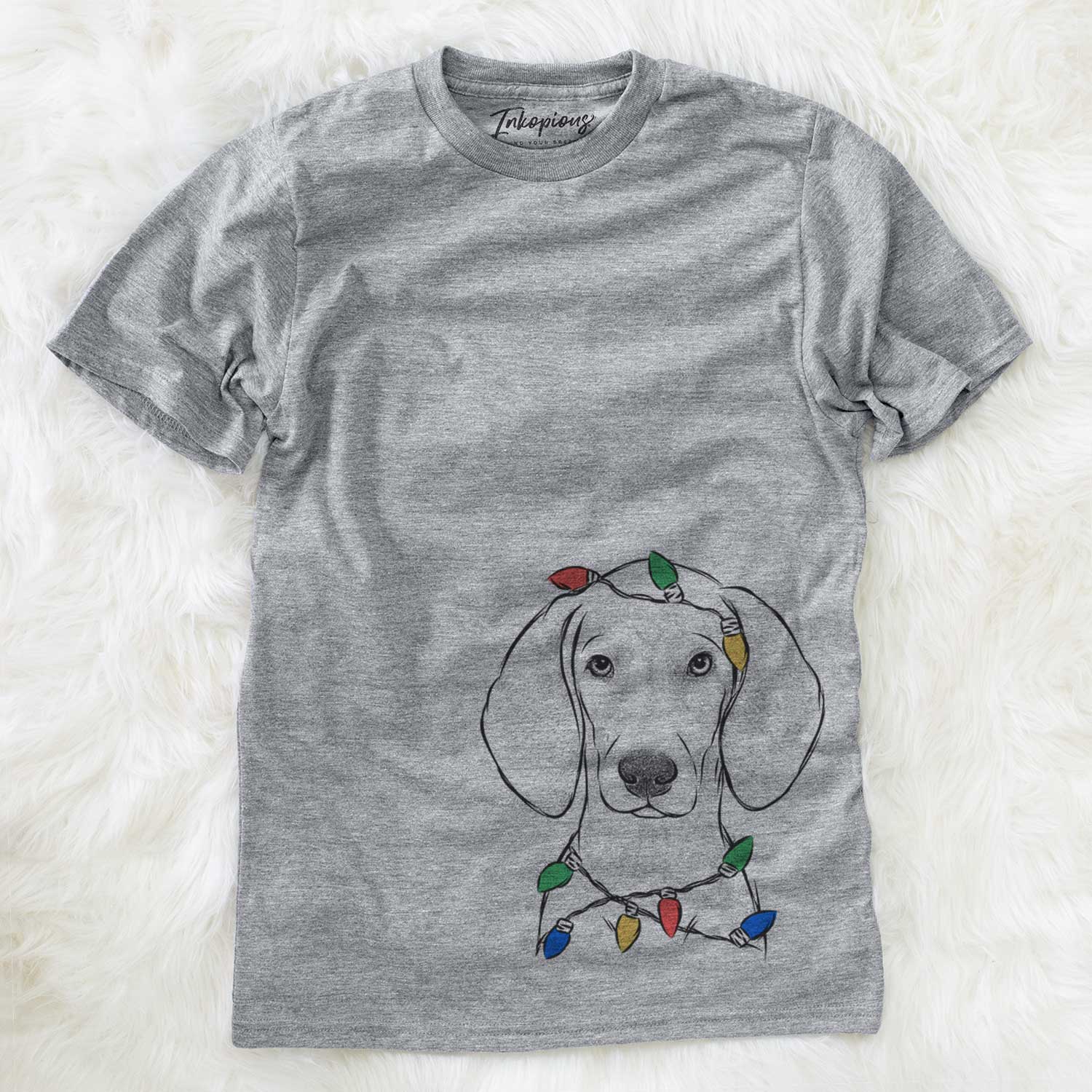 Hand-drawn sketch of Frejya the Weimaraner wrapped in Christmas lights on a Grey Unisex crewneck