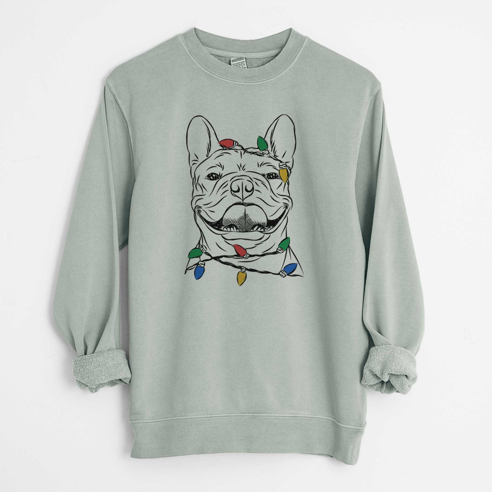 Christmas Lights Gaston the French Bulldog - Unisex Pigment Dyed Crew Sweatshirt
