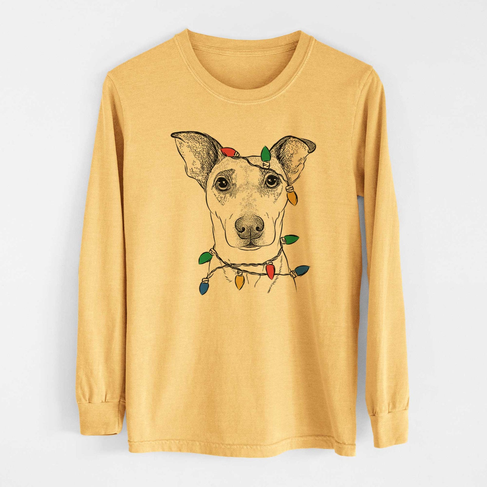 Christmas Lights Georgie Rat the Terrier Mix - Heavyweight 100% Cotton Long Sleeve