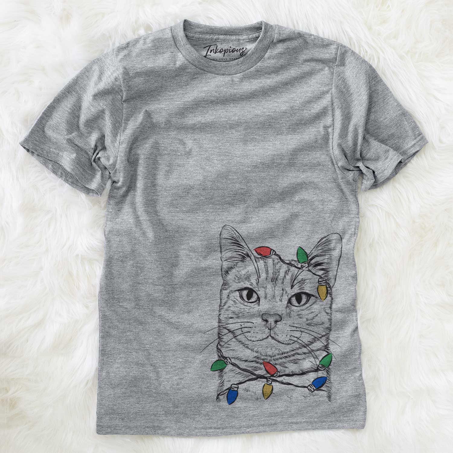 Hand-drawn sketch of Ginger Tom the Tabby Cat wrapped in Christmas lights on a Grey Unisex crewneck