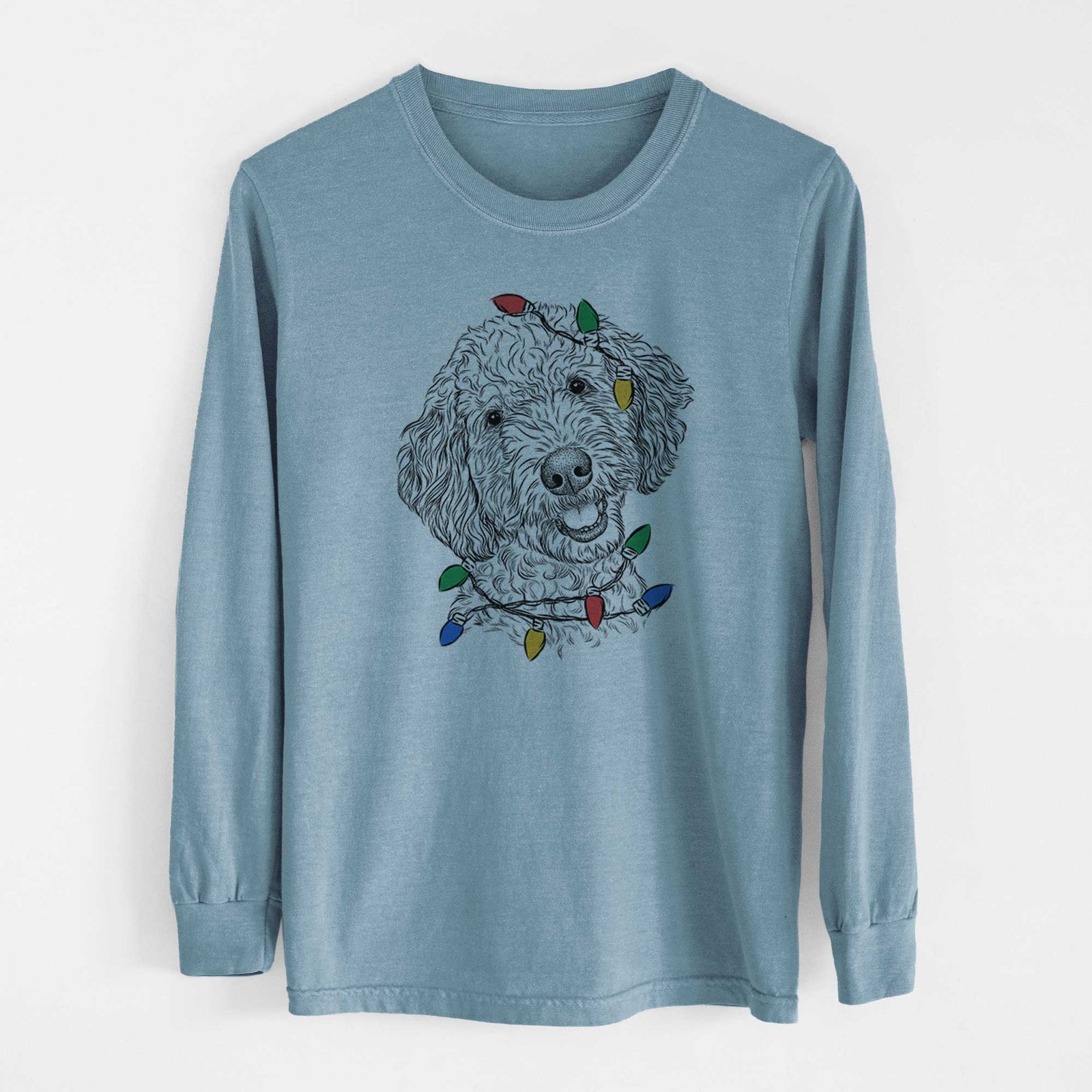 Christmas Lights Gizmo the Goldendoodle - Heavyweight 100% Cotton Long Sleeve