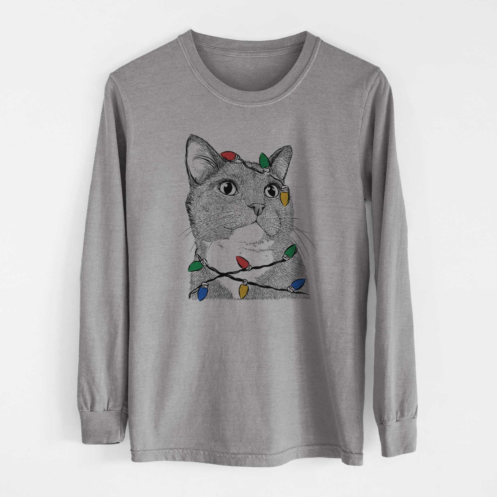 Christmas Lights Gizmo the Grey Cat - Heavyweight 100% Cotton Long Sleeve