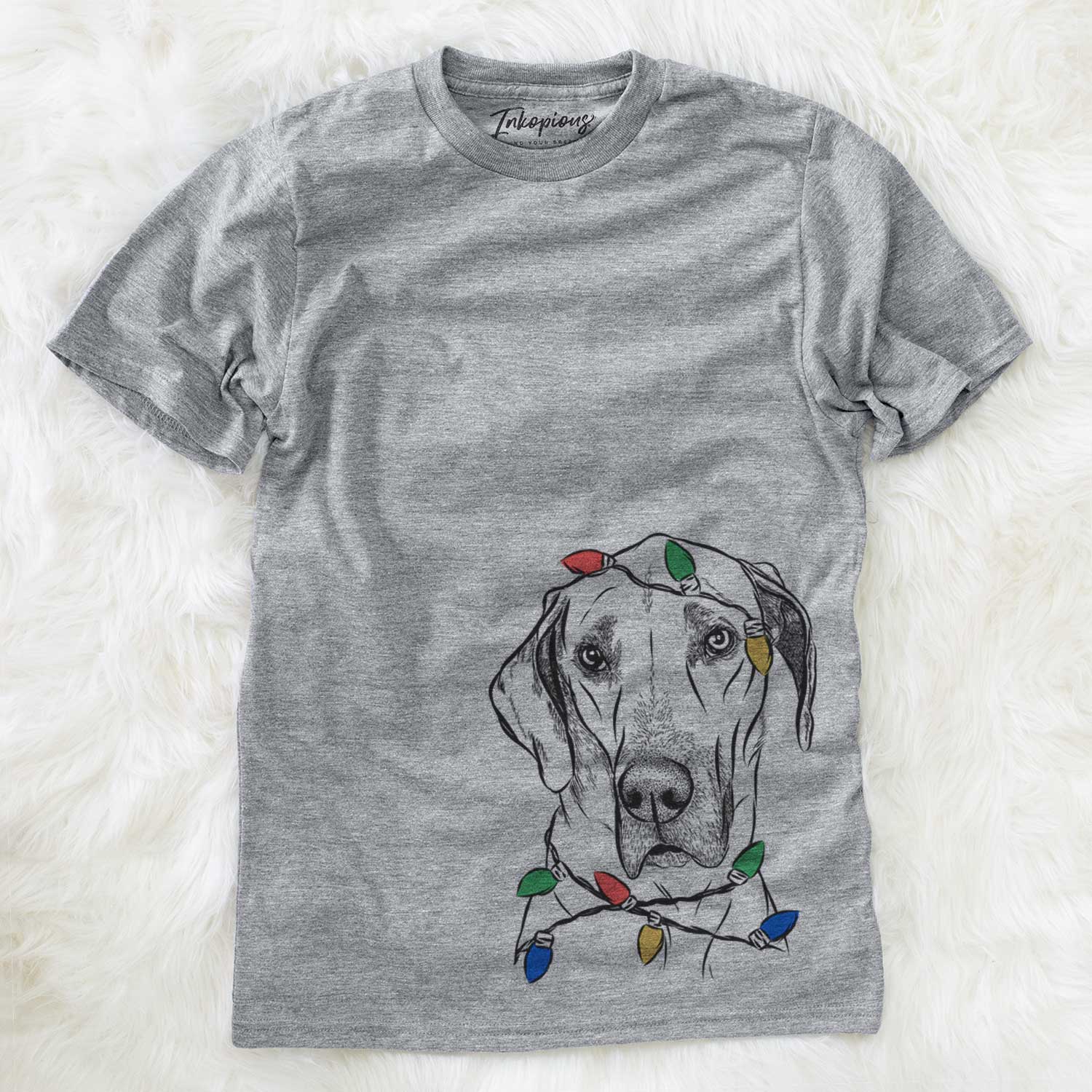 Hand-drawn sketch of Gracie the Great Dane wrapped in Christmas lights on a Grey Unisex crewneck