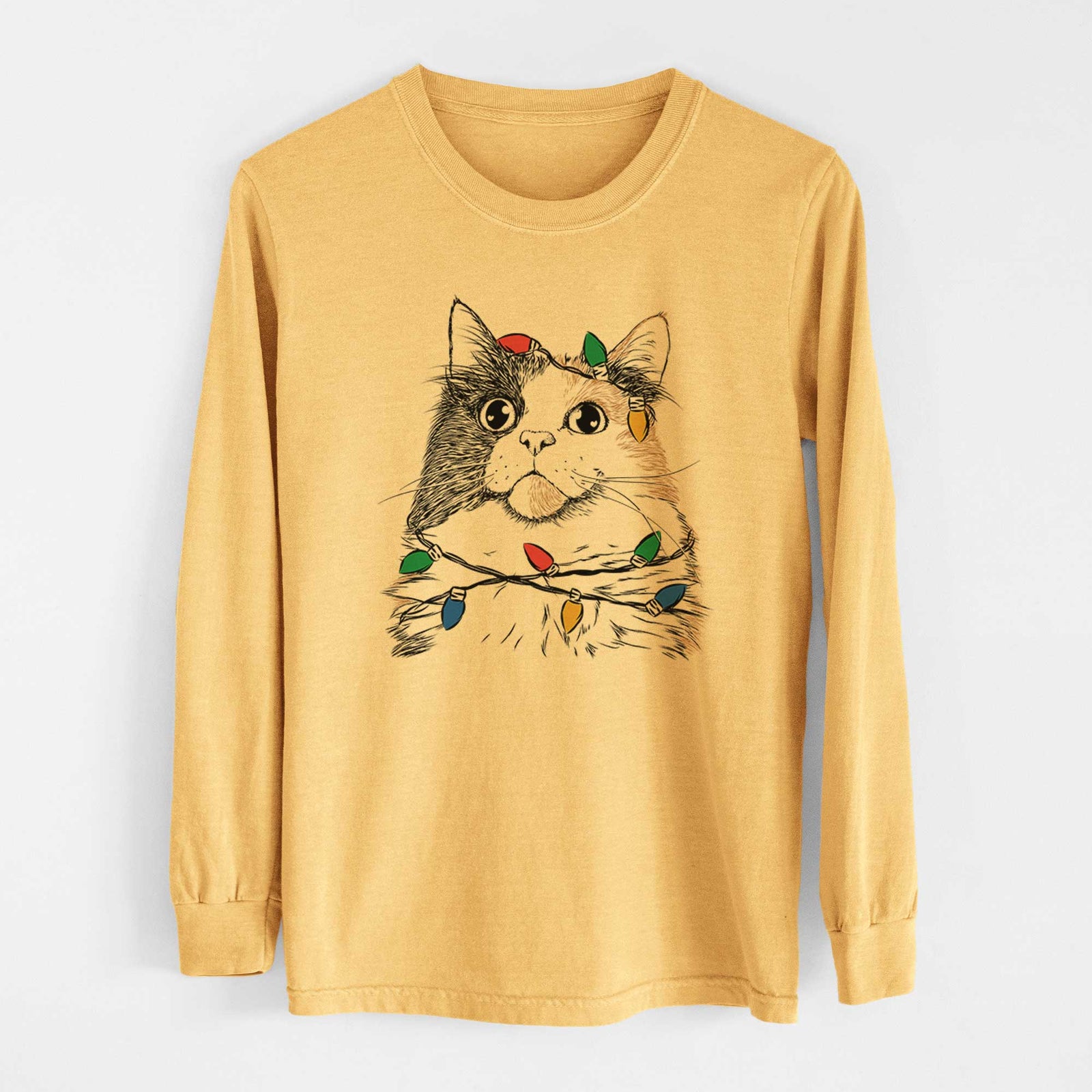 Christmas Lights Greta the Calico Cat - Heavyweight 100% Cotton Long Sleeve