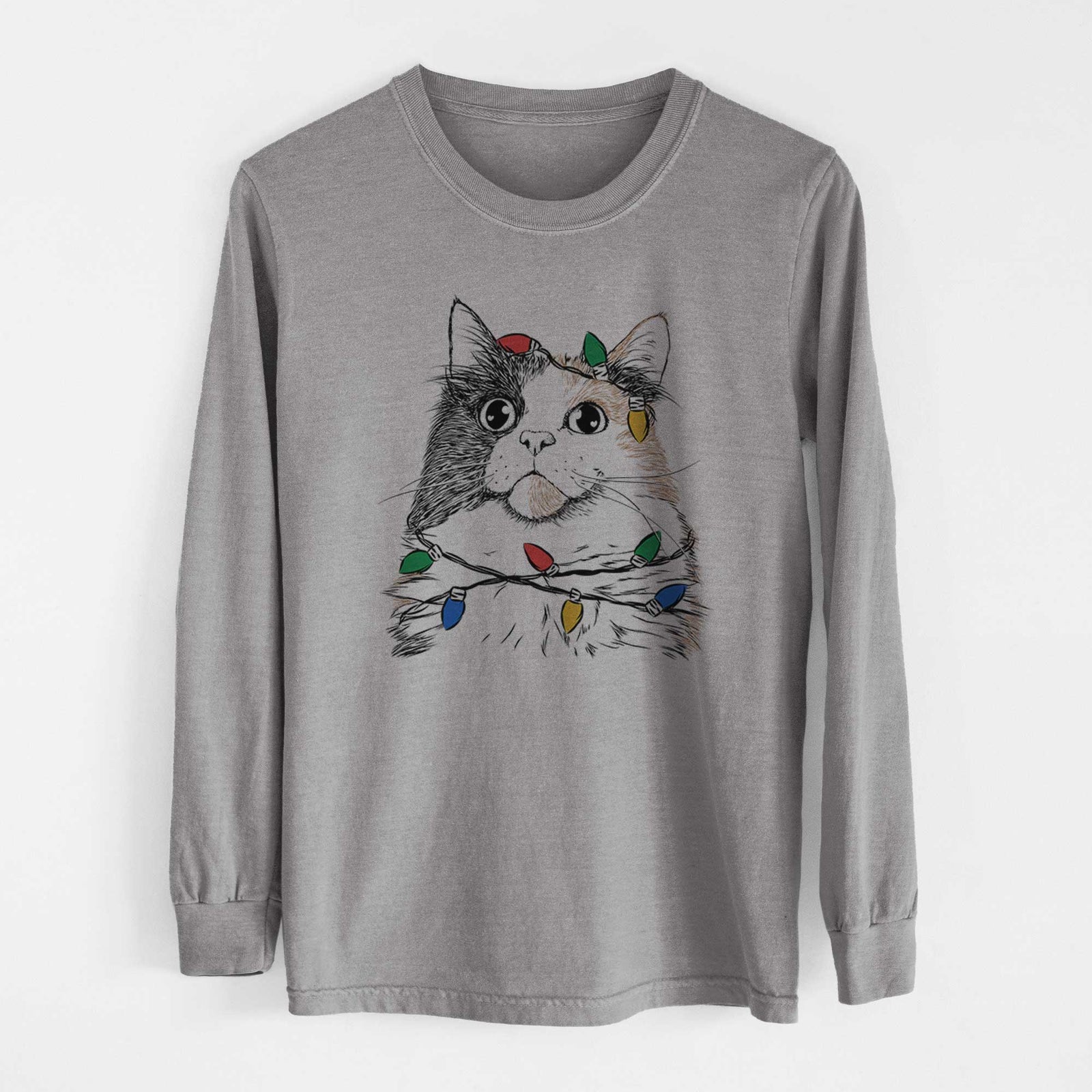 Christmas Lights Greta the Calico Cat - Heavyweight 100% Cotton Long Sleeve