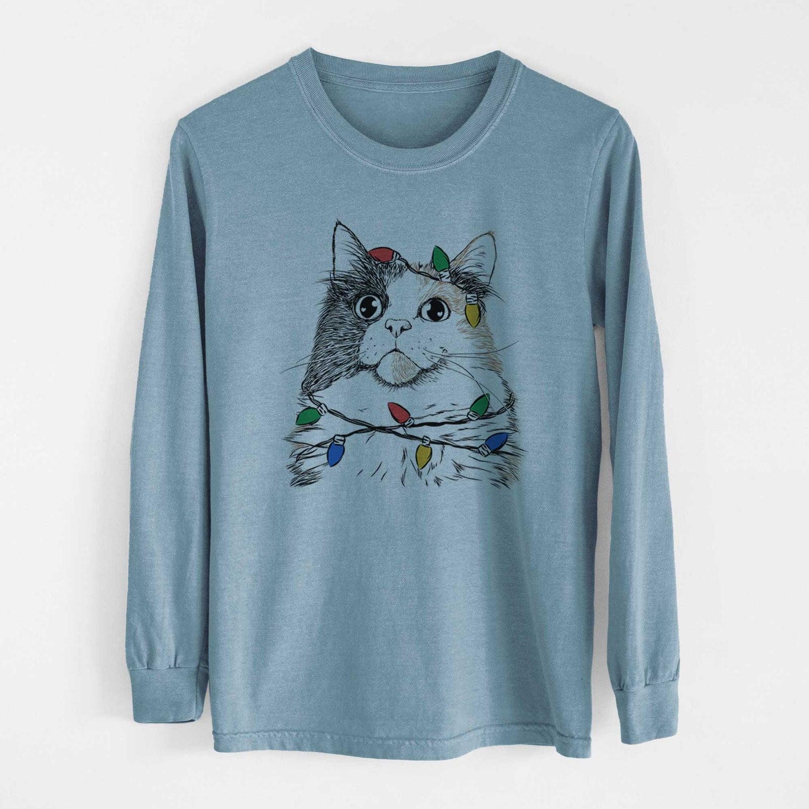 Christmas Lights Greta the Calico Cat - Heavyweight 100% Cotton Long Sleeve