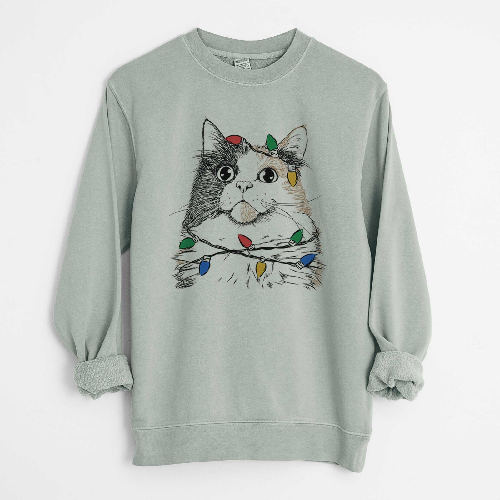 Christmas Lights Greta the Calico Cat - Unisex Pigment Dyed Crew Sweatshirt