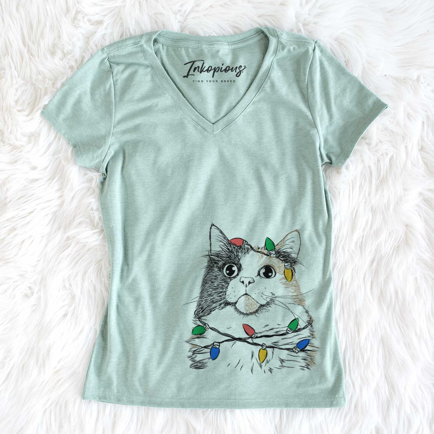Christmas Lights Greta the Calico Cat - Women's V-neck Shirt