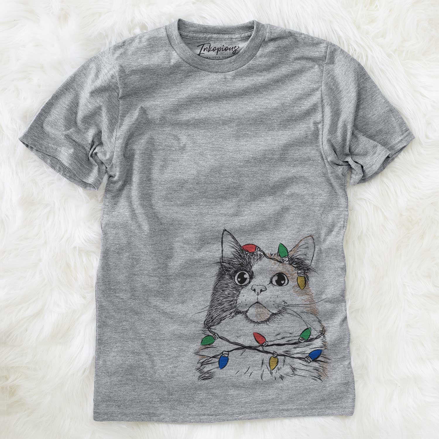 Hand-drawn sketch of Greta the Calico Cat wrapped in Christmas lights on a Grey Unisex crewneck