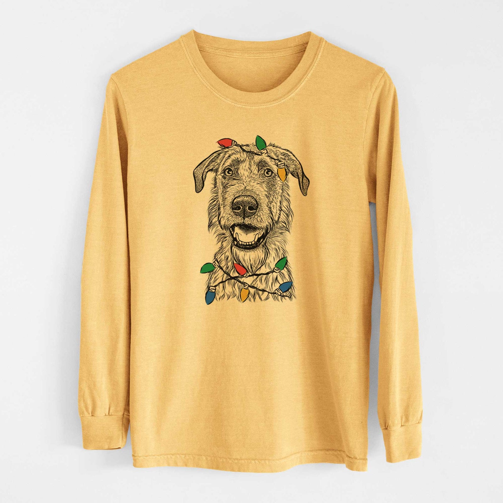 Christmas Lights Griffin the Irish Wolfhound - Heavyweight 100% Cotton Long Sleeve