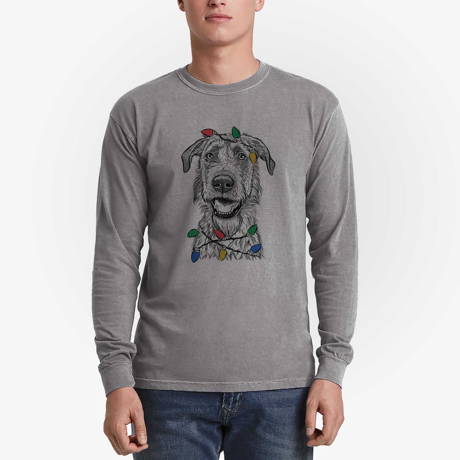 Christmas Lights Griffin the Irish Wolfhound - Heavyweight 100% Cotton Long Sleeve