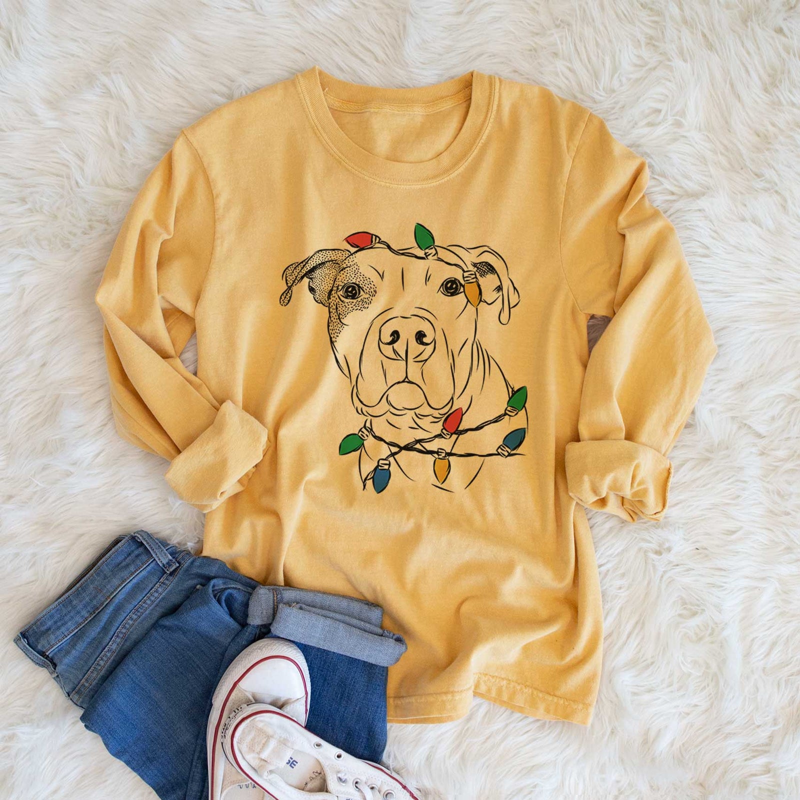 Christmas Lights Gummy the Pitbull - Heavyweight 100% Cotton Long Sleeve