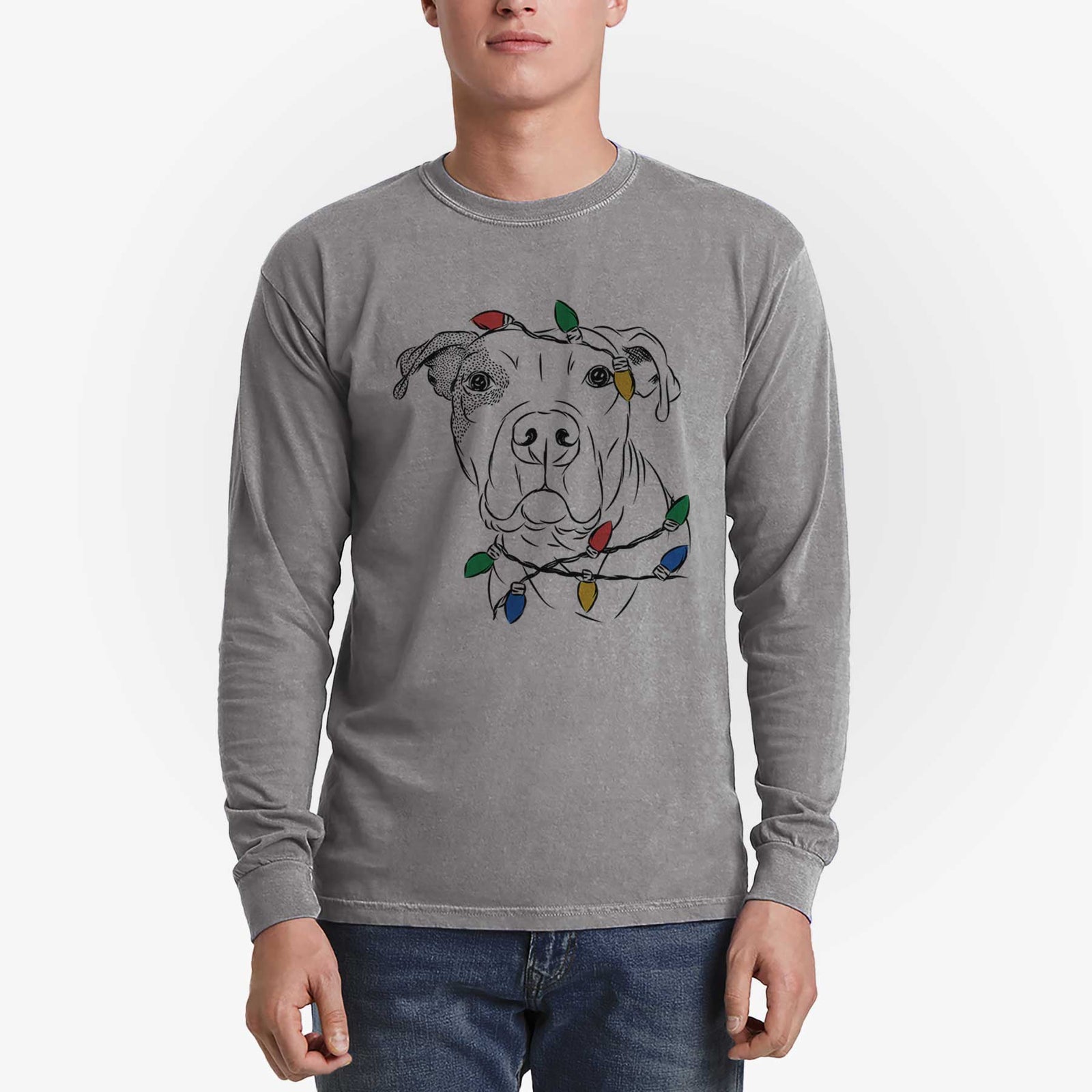 Christmas Lights Gummy the Pitbull - Heavyweight 100% Cotton Long Sleeve
