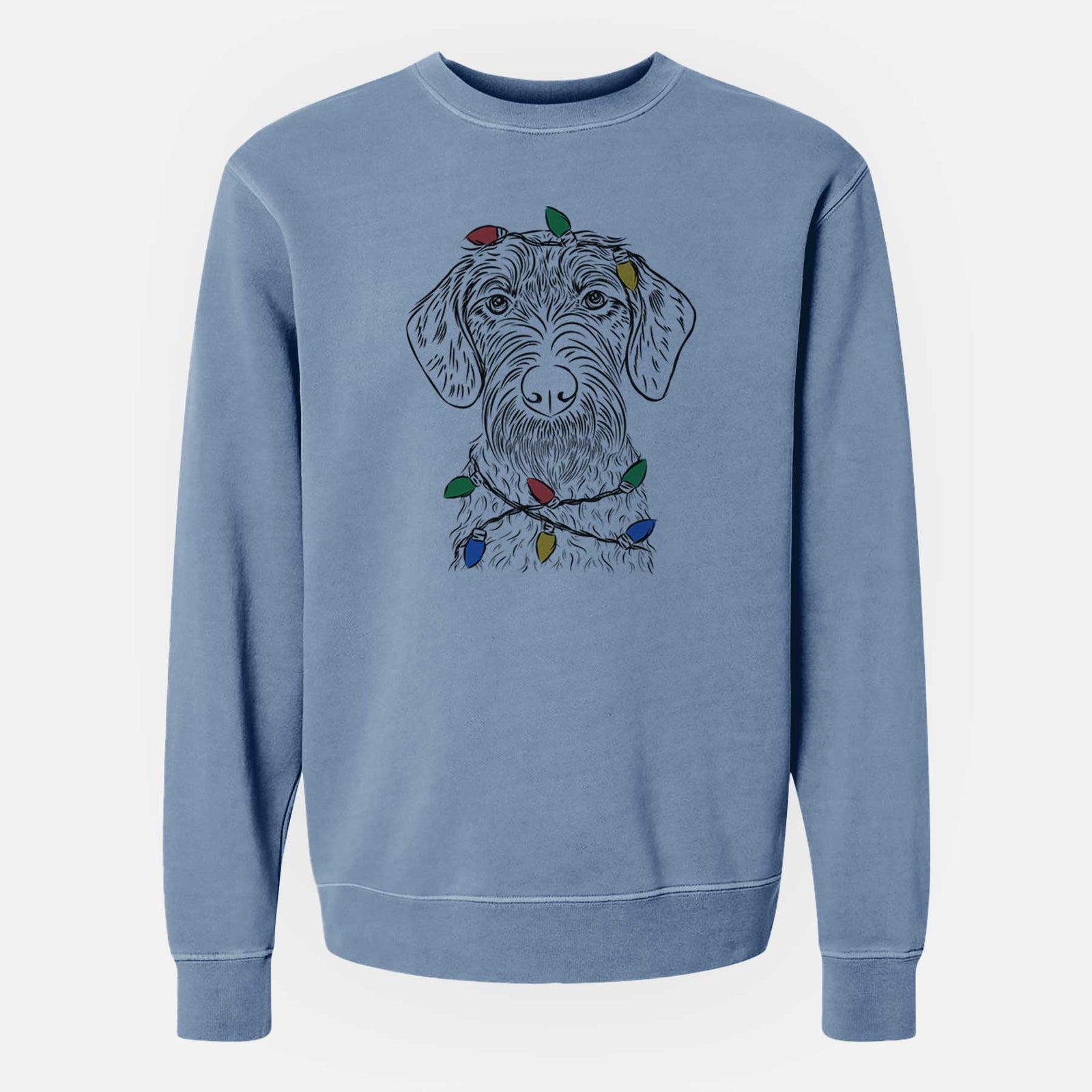 Christmas Lights Gus the German Wirehaired Pointer - Unisex Pigment Dyed Crew Sweatshirt