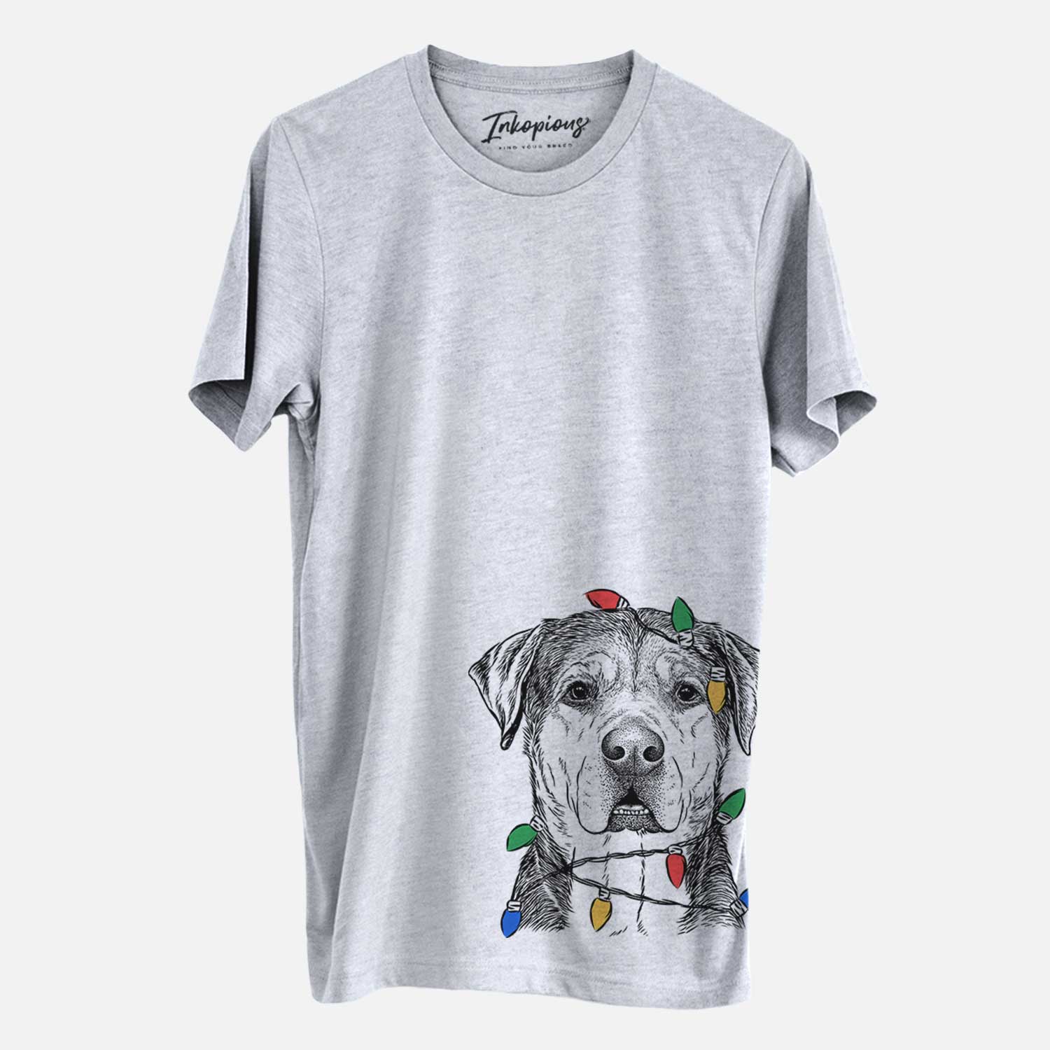 Hand-drawn sketch of Gus the Rottweiler Mix wrapped in Christmas lights on a Grey Unisex crewneck
