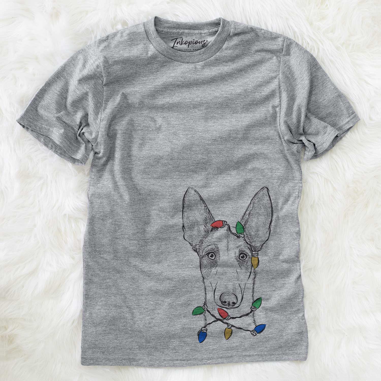 Hand-drawn sketch of Halo the Ibizan Sight Hound wrapped in Christmas lights on a Grey Unisex crewneck