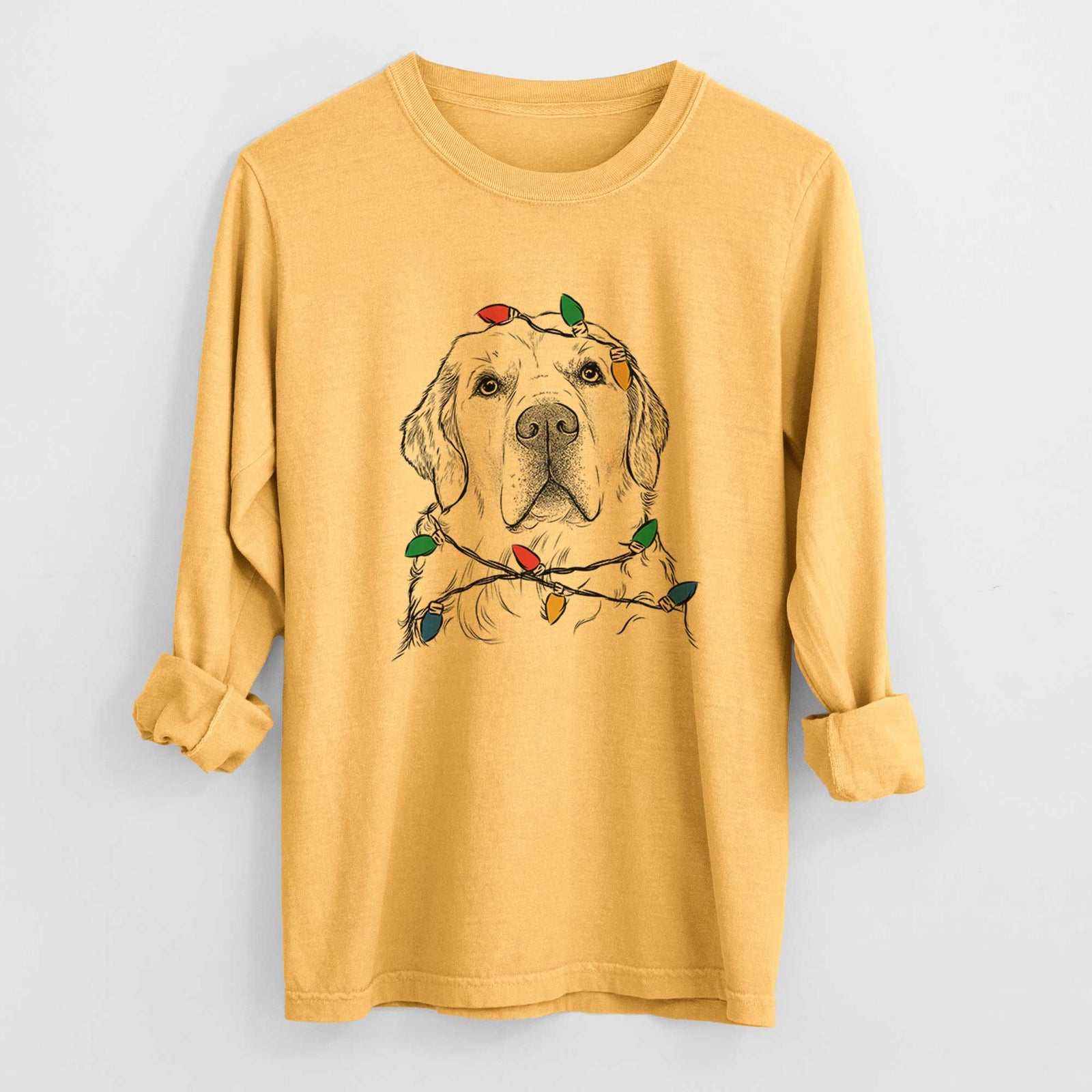 Christmas Lights Hank the Irish Cream Golden Retriever - Heavyweight 100% Cotton Long Sleeve