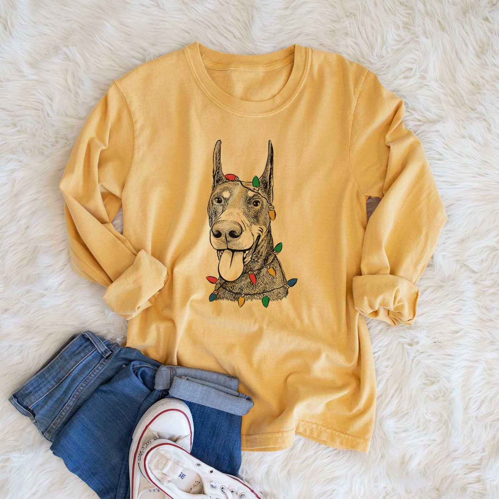 Christmas Lights Happy Sunny the Doberman Pinscher - Heavyweight 100% Cotton Long Sleeve