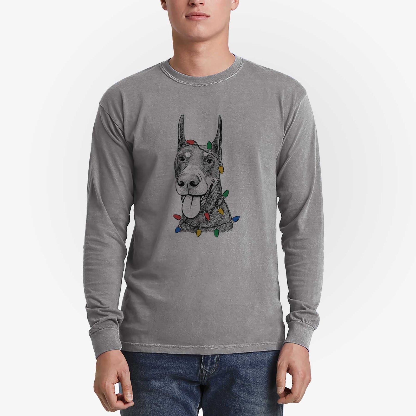 Christmas Lights Happy Sunny the Doberman Pinscher - Heavyweight 100% Cotton Long Sleeve