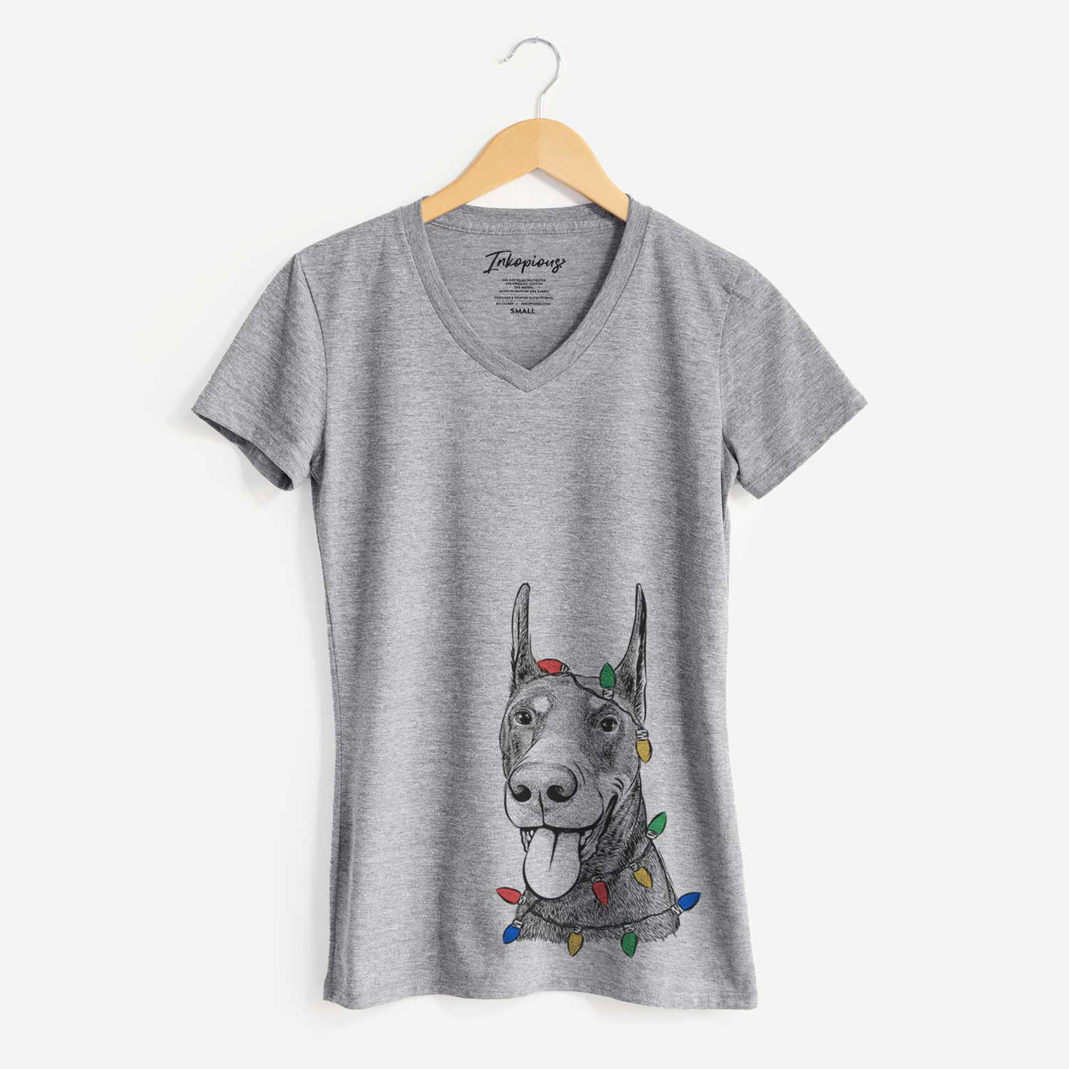 Christmas Lights Happy Sunny the Doberman Pinscher - Women's V-neck Shirt
