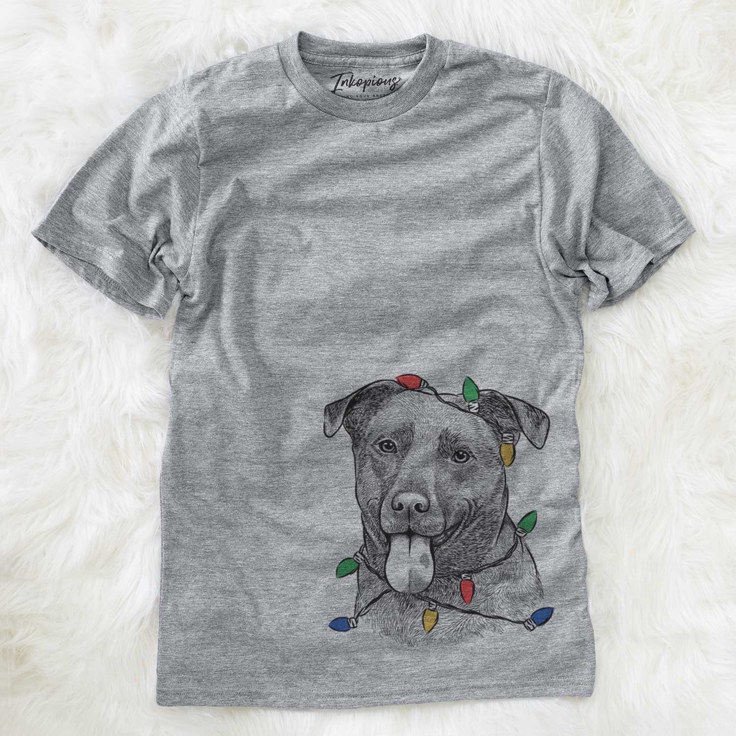 Hand-drawn sketch of Harbor the Mixed Breed wrapped in Christmas lights on a Grey Unisex crewneck