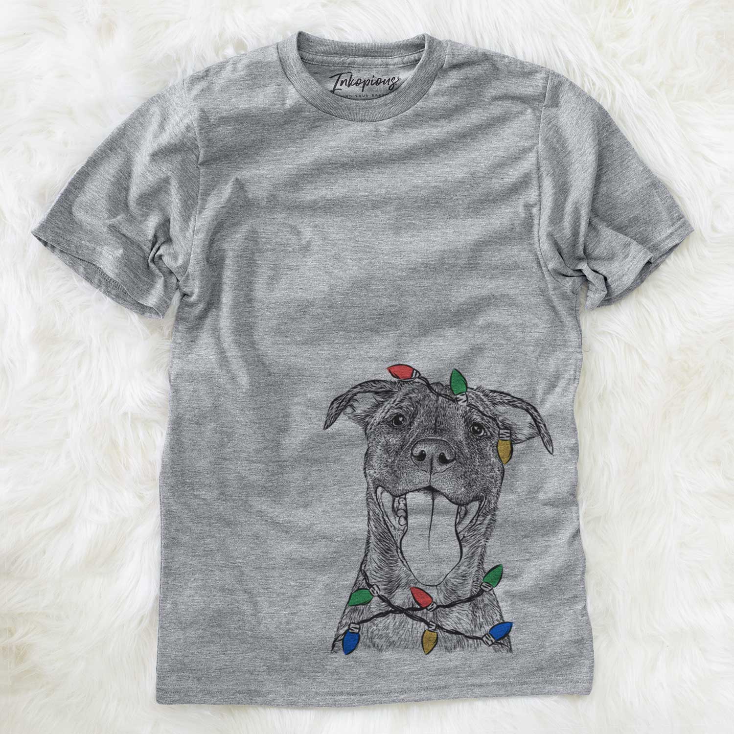 Hand-drawn sketch of Harley the Pitbull Mix wrapped in Christmas lights on a Grey Unisex crewneck