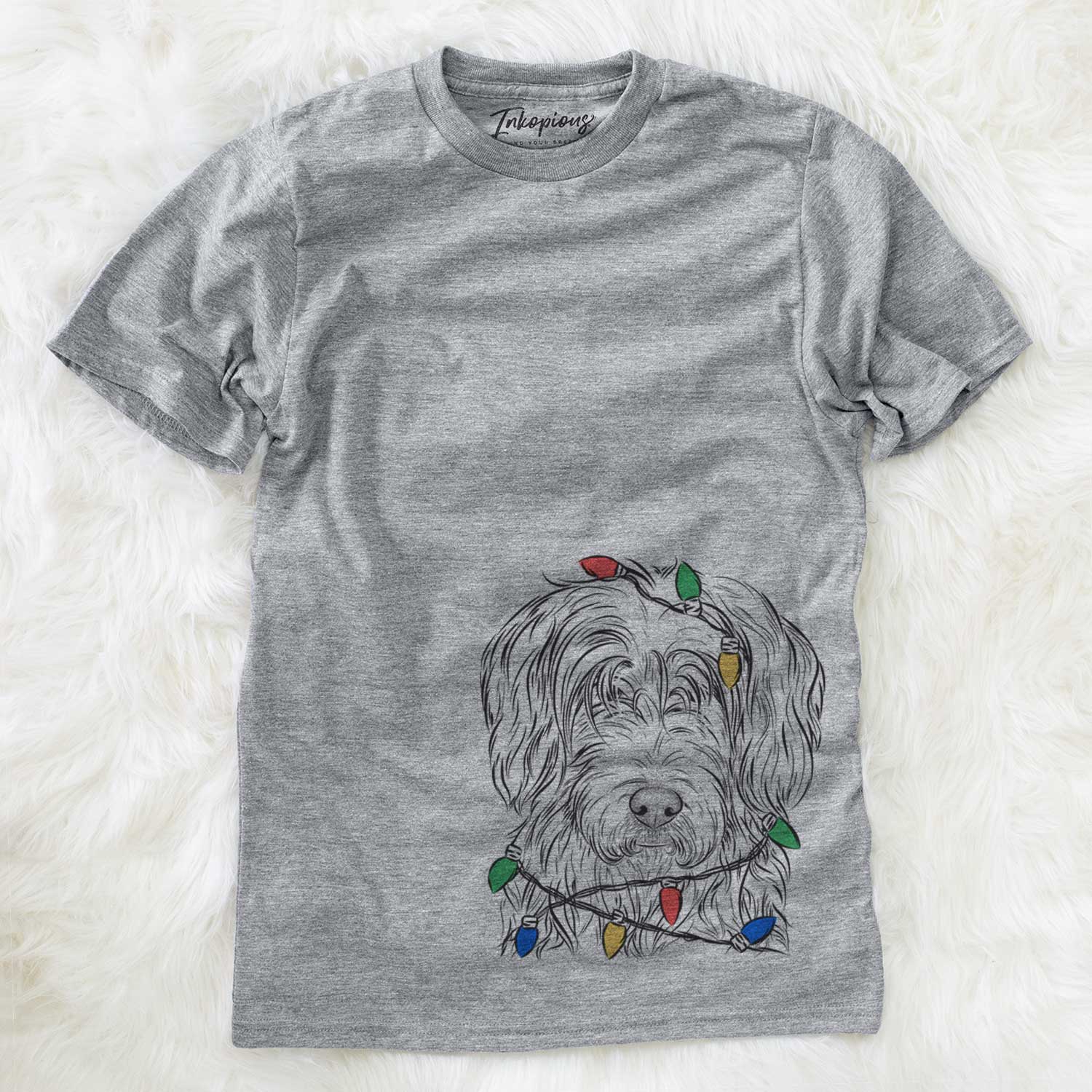 Hand-drawn sketch of Harry the Mixed Breed wrapped in Christmas lights on a Grey Unisex crewneck