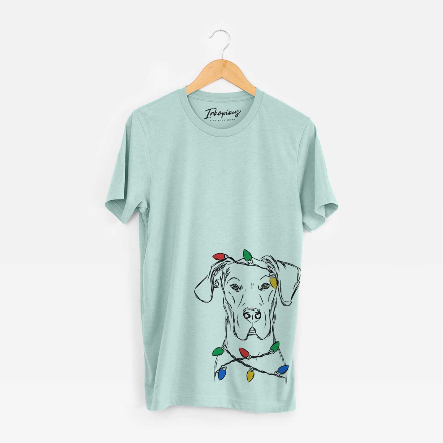 Hand-drawn sketch of Harvey the Great Dane wrapped in Christmas lights on a Heather Sage Unisex crewneck