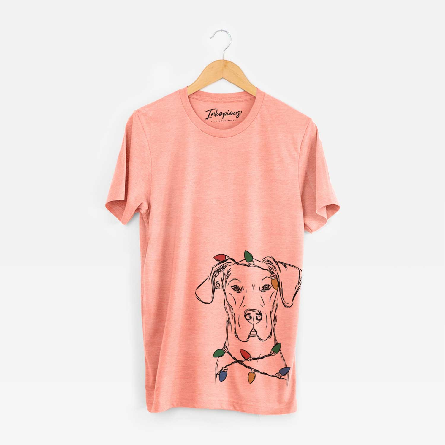 Hand-drawn sketch of Harvey the Great Dane wrapped in Christmas lights on a Sunset Unisex crewneck