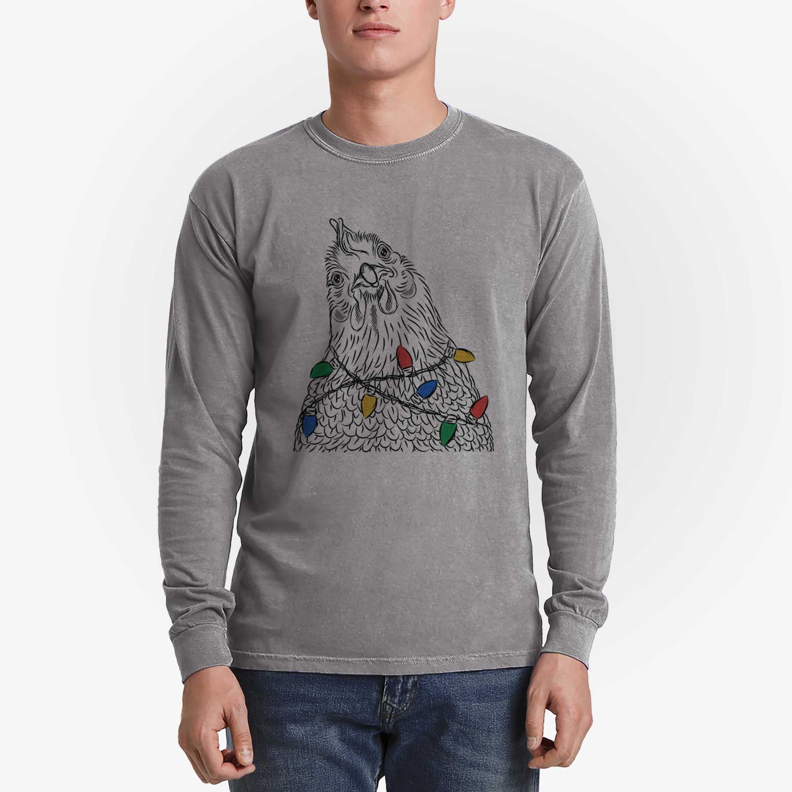 Christmas Lights Henrietta the Chicken - Heavyweight 100% Cotton Long Sleeve