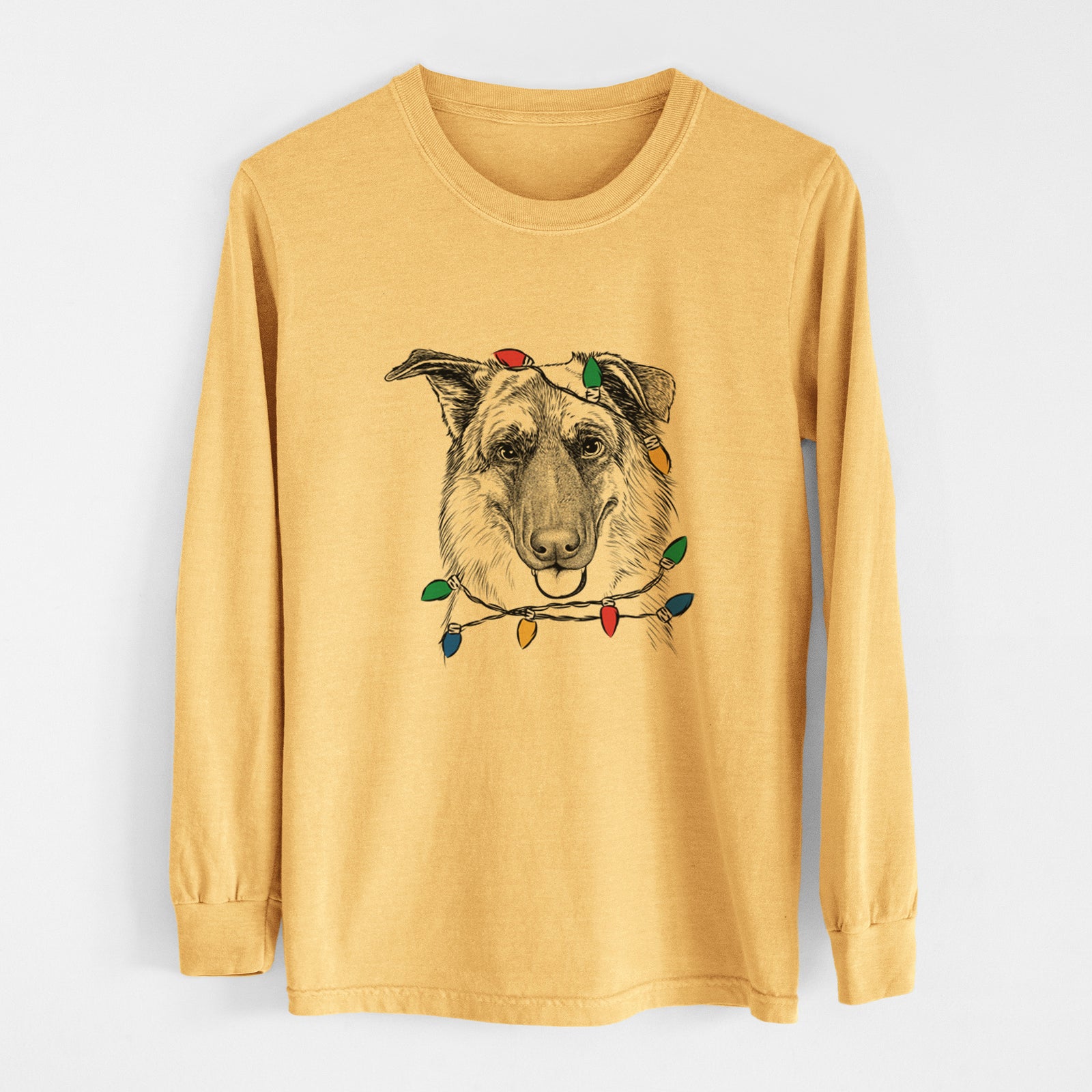 Christmas Lights Henry the German Shepherd - Heavyweight 100% Cotton Long Sleeve