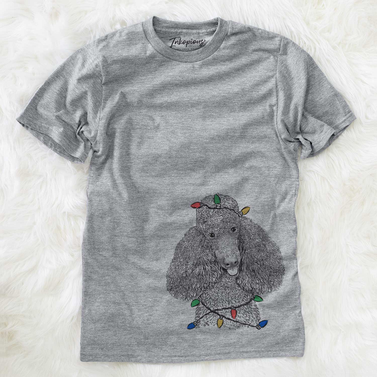 Hand-drawn sketch of Henry the Standard Poodle wrapped in Christmas lights on a Grey Unisex crewneck
