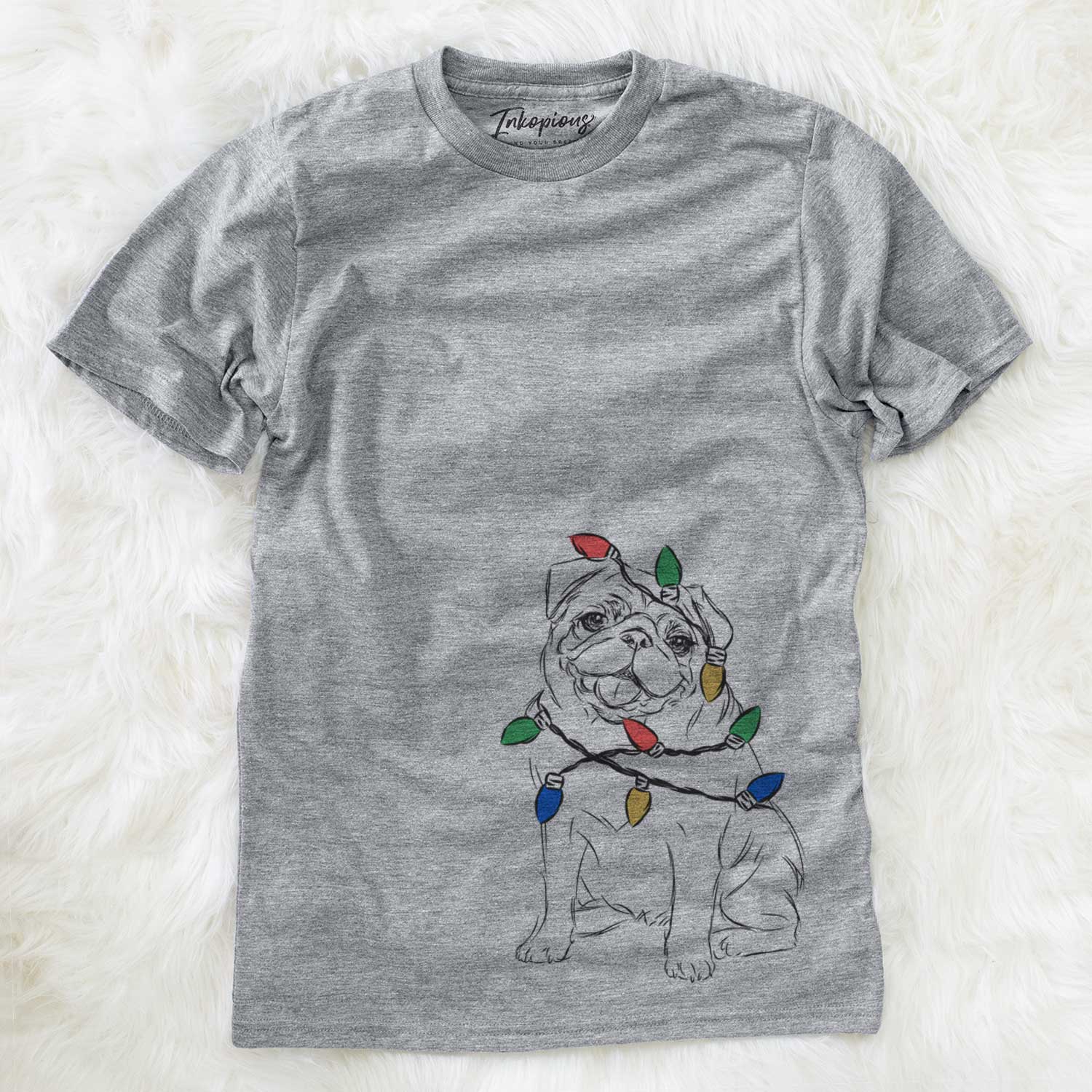 Hand-drawn sketch of Higgins the Pug wrapped in Christmas lights on a Grey Unisex crewneck