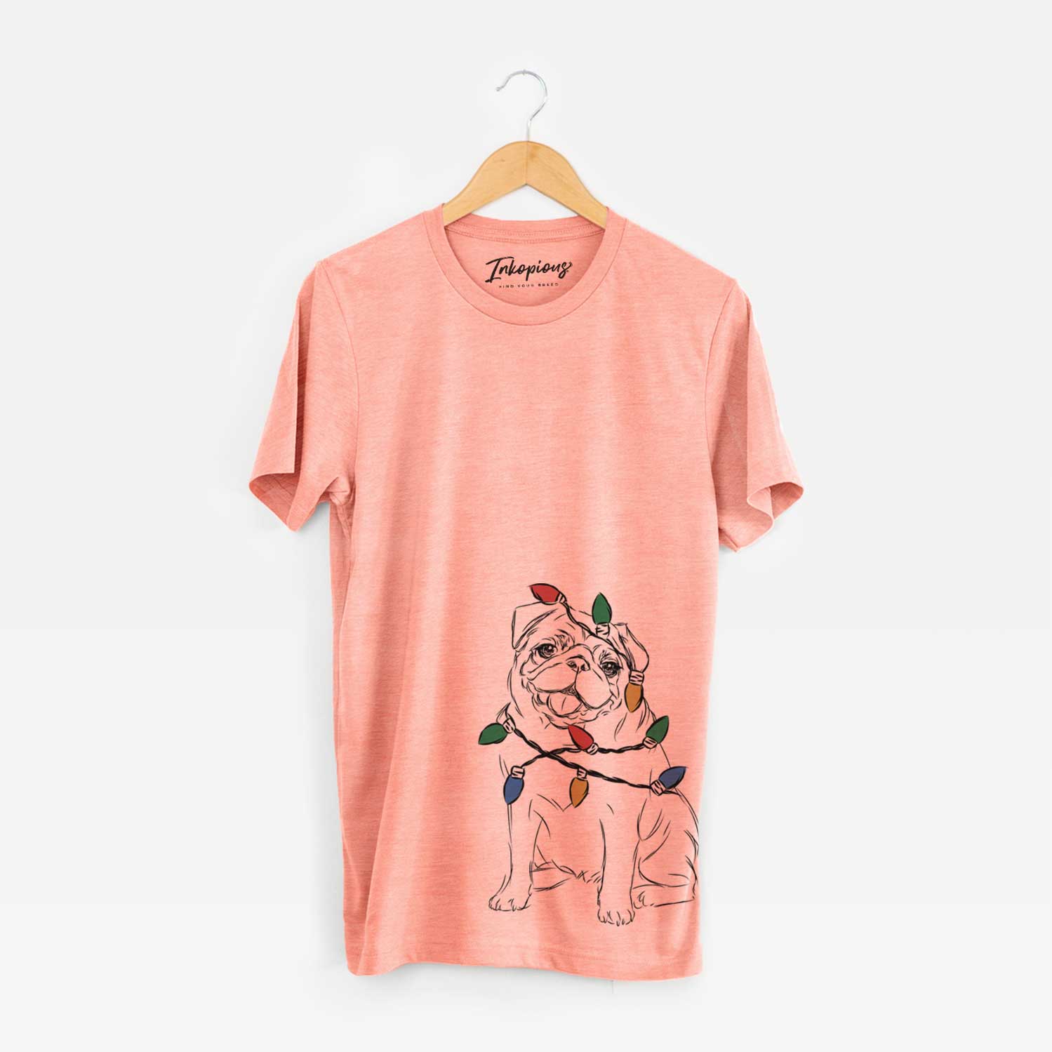 Hand-drawn sketch of Higgins the Pug wrapped in Christmas lights on a Sunset Unisex crewneck