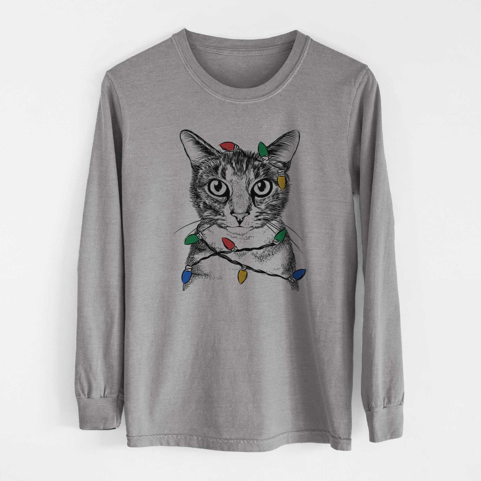 Christmas Lights Hobbes the Tabby Cat - Heavyweight 100% Cotton Long Sleeve