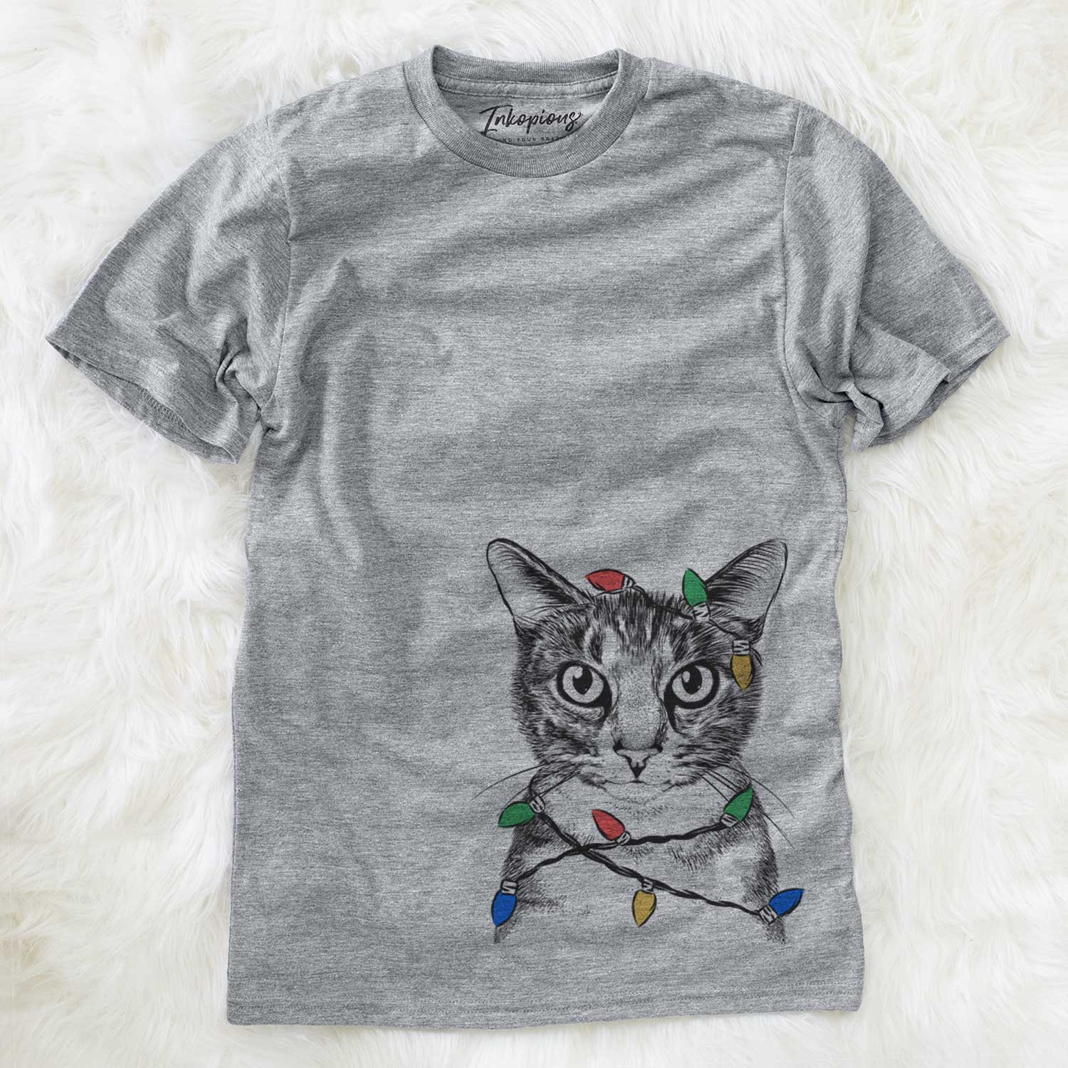 Hand-drawn sketch of Hobbes the Tabby Cat wrapped in Christmas lights on a Grey Unisex crewneck