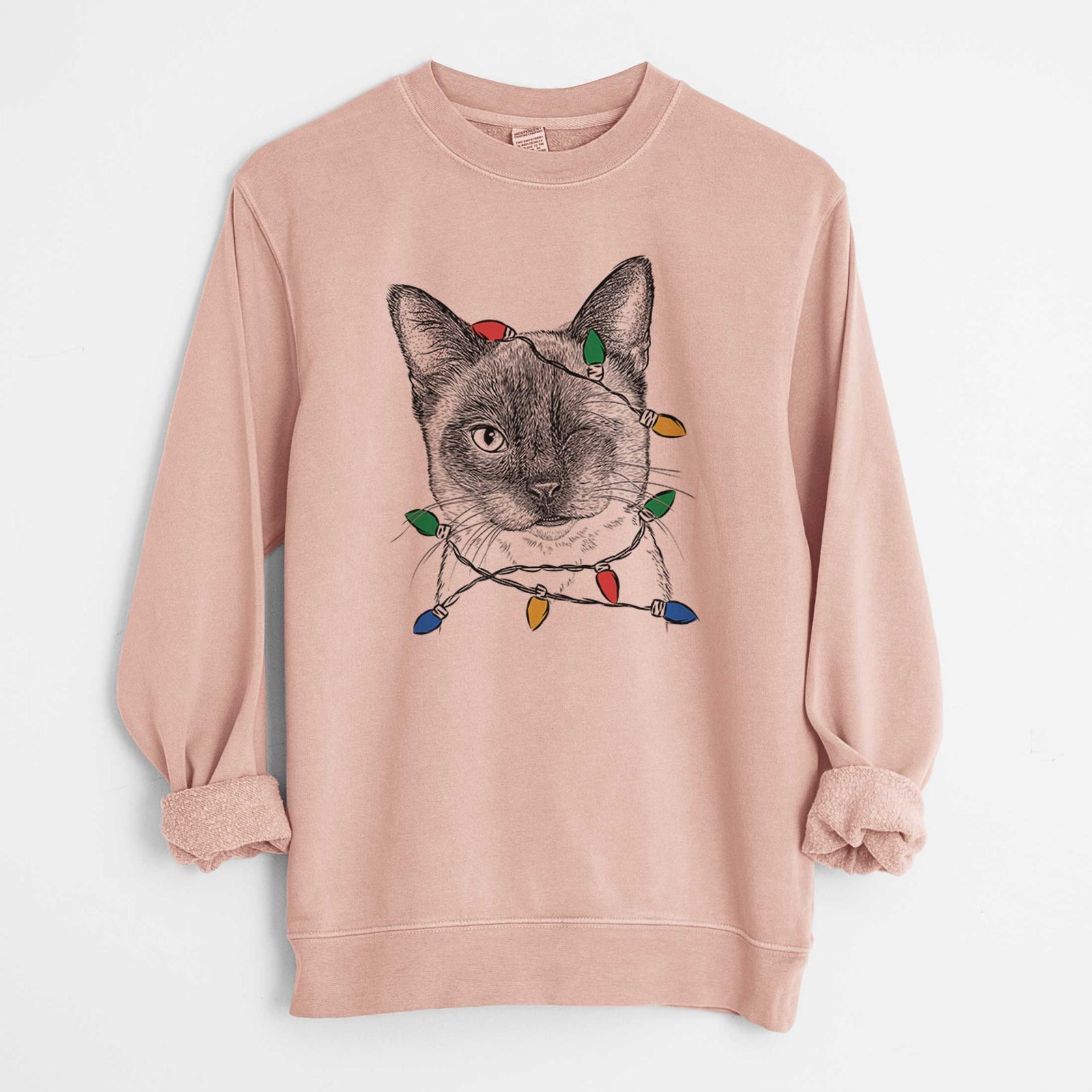 Christmas Lights Hoggle the Siamese Cat - Unisex Pigment Dyed Crew Sweatshirt