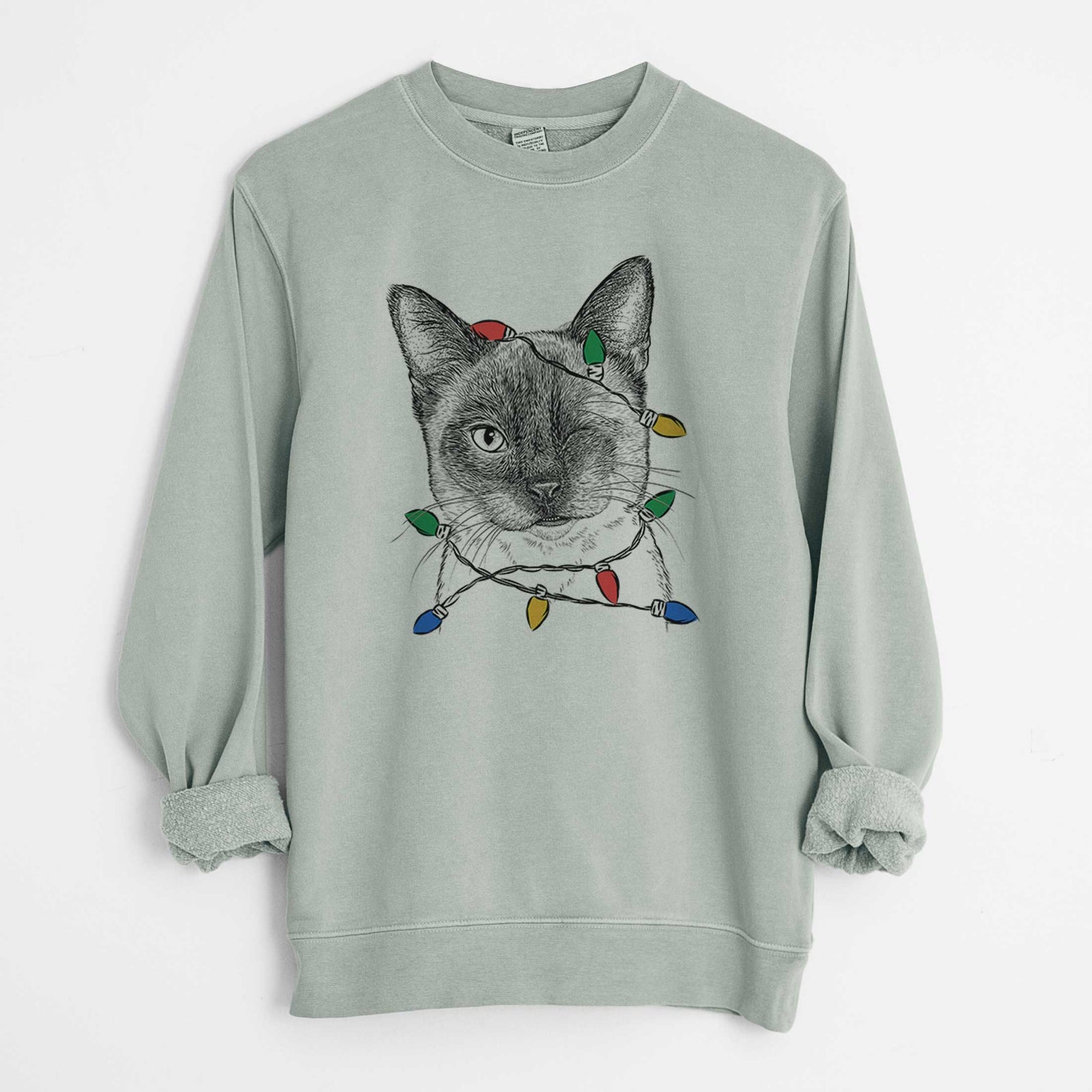 Christmas Lights Hoggle the Siamese Cat - Unisex Pigment Dyed Crew Sweatshirt