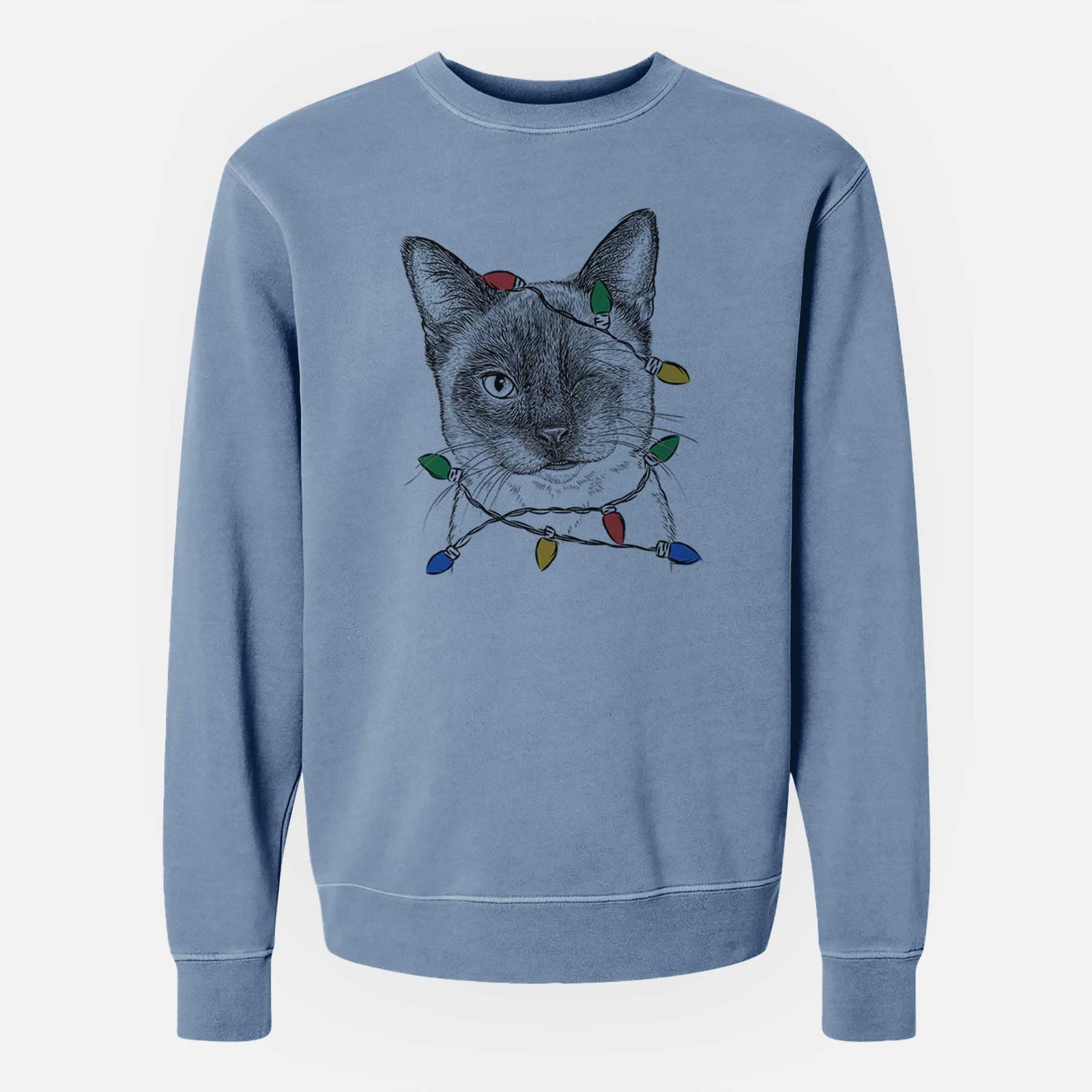 Christmas Lights Hoggle the Siamese Cat - Unisex Pigment Dyed Crew Sweatshirt