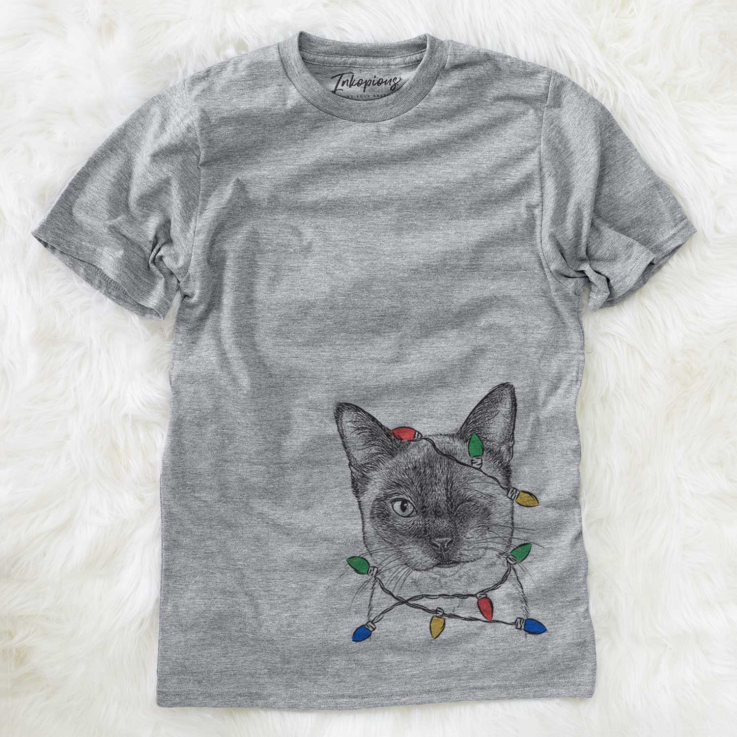 Hand-drawn sketch of Hoggle the Siamese Cat wrapped in Christmas lights on a Grey Unisex crewneck