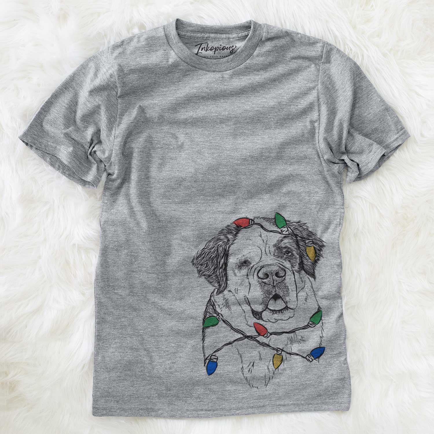 Hand-drawn sketch of Hook the Saint Bernard wrapped in Christmas lights on a Grey Unisex crewneck