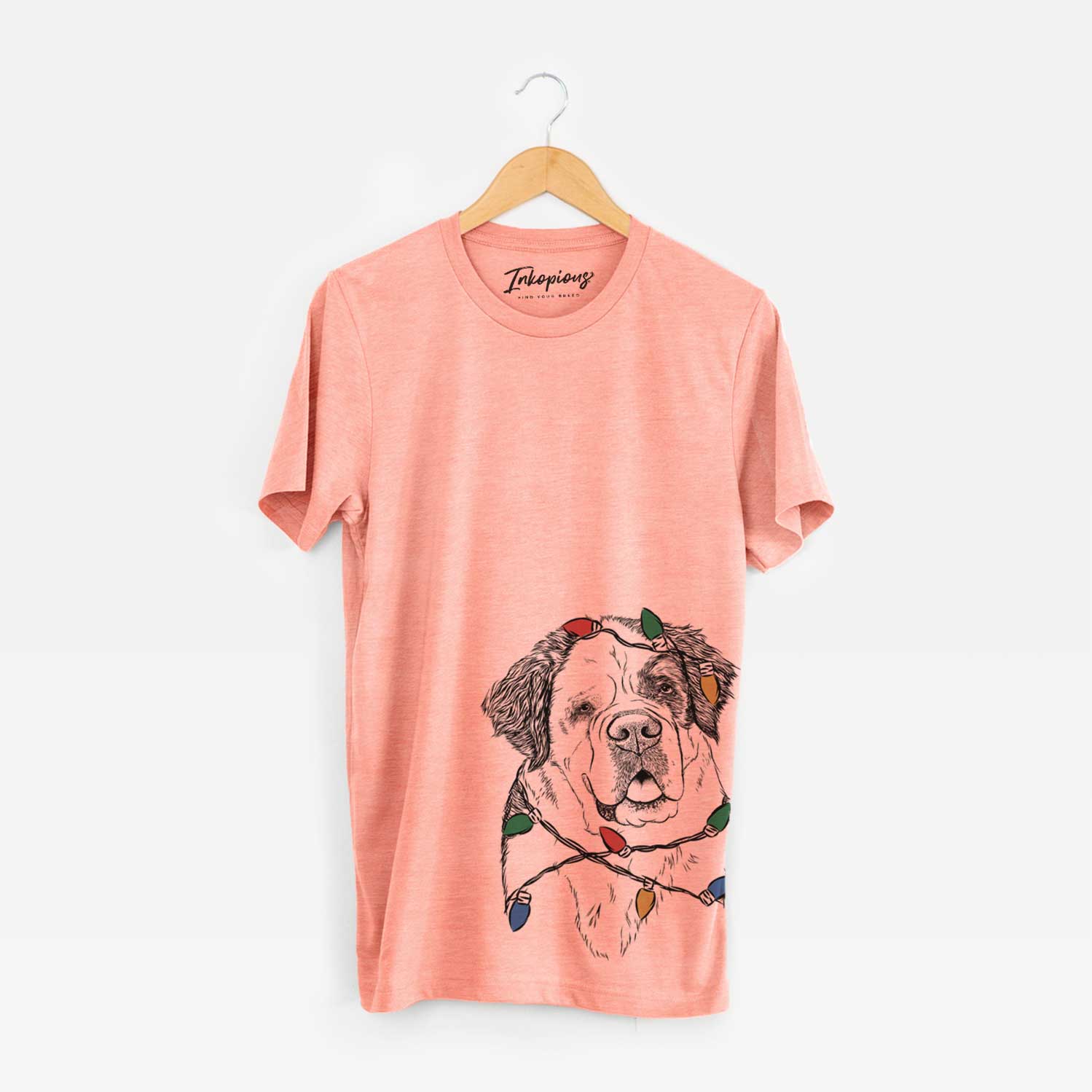 Hand-drawn sketch of Hook the Saint Bernard wrapped in Christmas lights on a Sunset Unisex crewneck